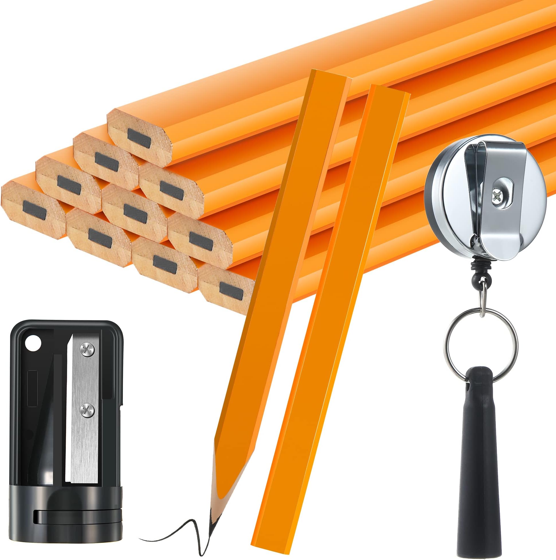 14 Pcs Carpenter Pencils, 7 Inches Flat Octagonal Hard Black Woodworking Construction Pencils Heavy Duty with Pencil Sharpener and Retractable Pull Pen Holder for Contractor Carpentry(Yellow)