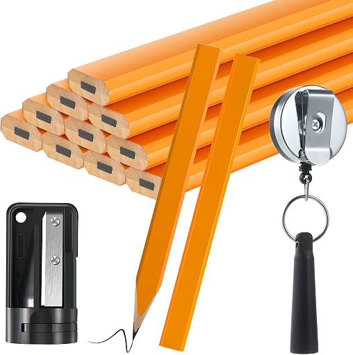 Hohean 14 Pcs Carpenter Pencils, 7 Inches Flat Octagonal Hard Woodworking Construction Pencils Heavy Duty with Pencil Sharpener and Retractable Pull Pen Holder for Contractor Carpentry (Yellow)
