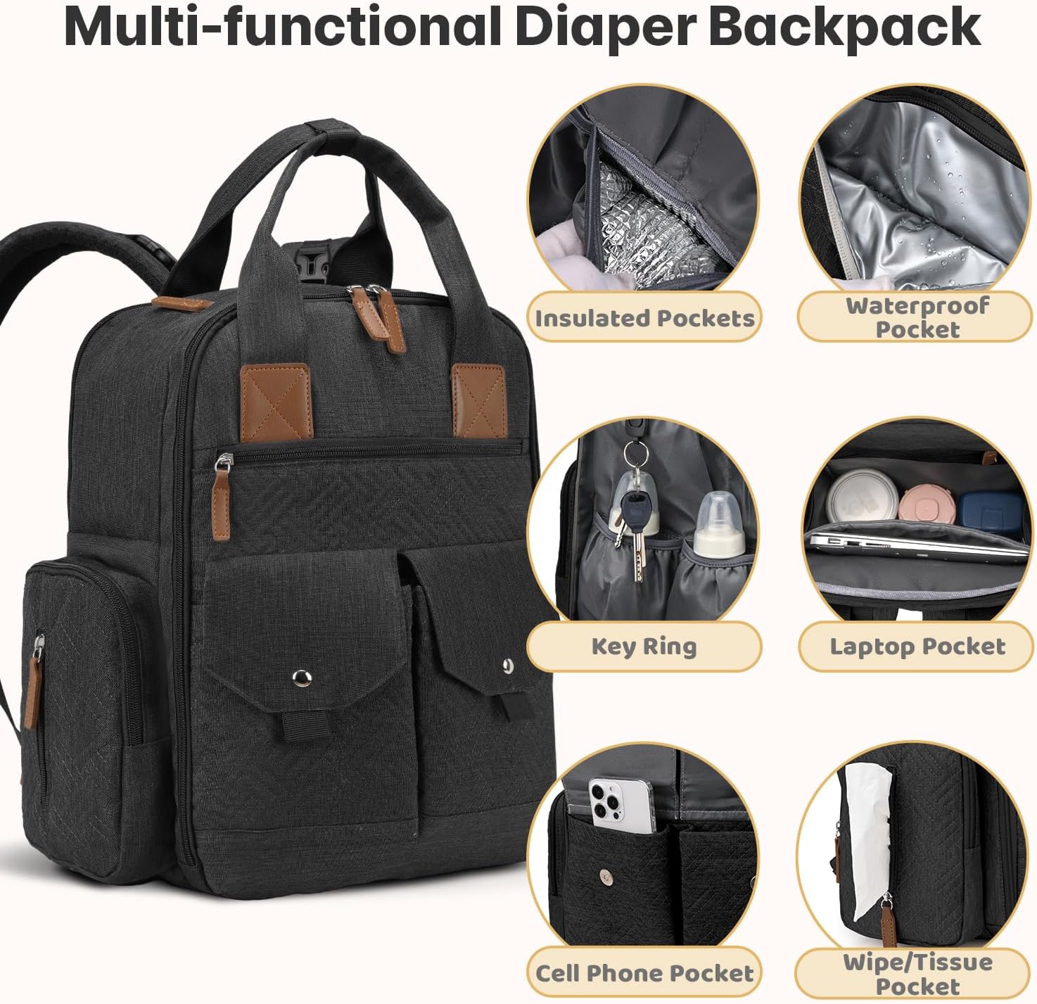 JSTPRO Diaper Bag Backpack - Large Diaper Bag with Portable Changing Pad as Baby Shower Gifts, Lightweight Waterproof Unisex Travel Baby Bag with 4 Insulated Pockets and Stroller Buckles, Black