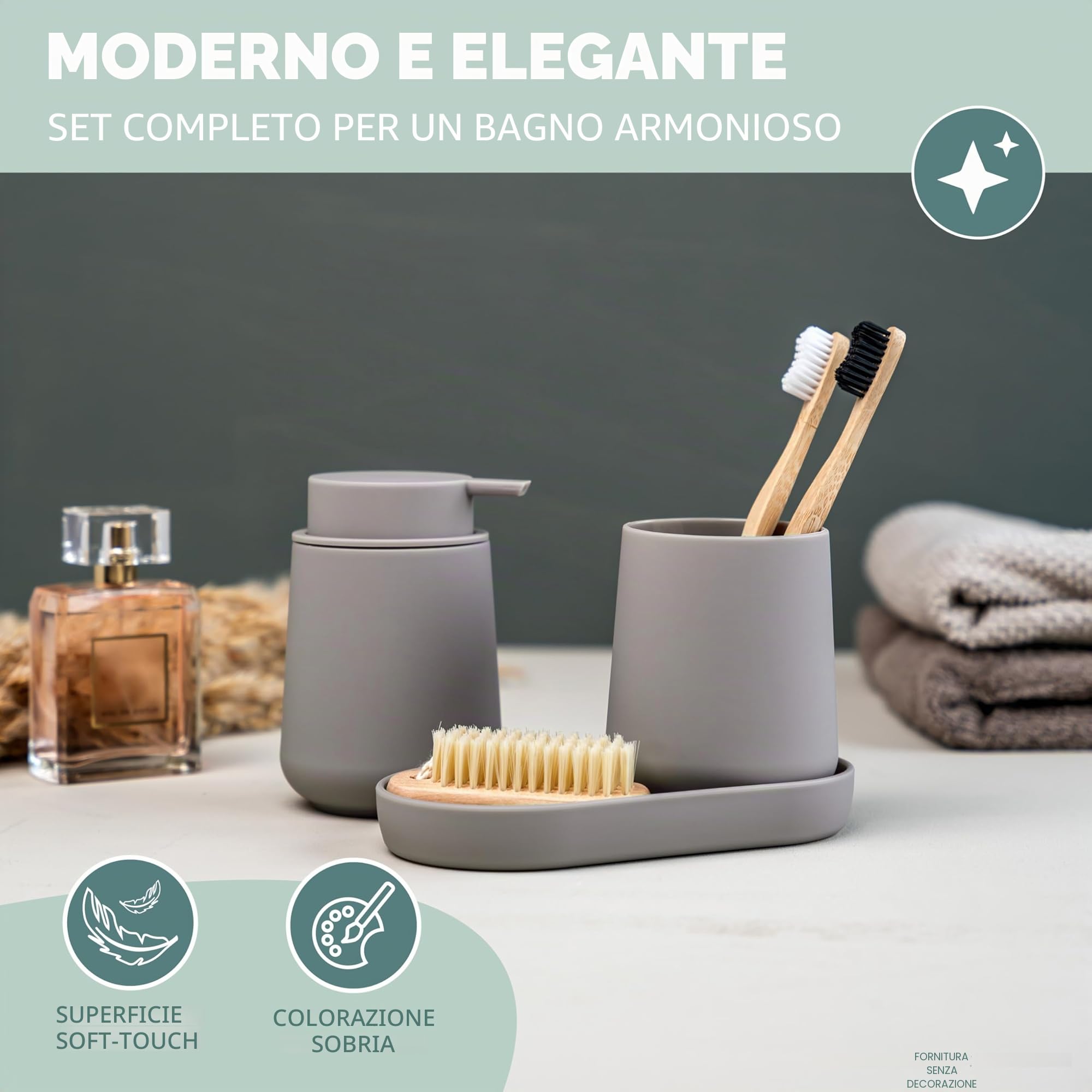 eluno TESERO - Set di accessori da bagno con superficie soft touch, 3 pezzi, composto da 1 dispenser di sapone, 1 tazza e 1 ciotola, ideale per bagno e cucina in plastica (tortora)