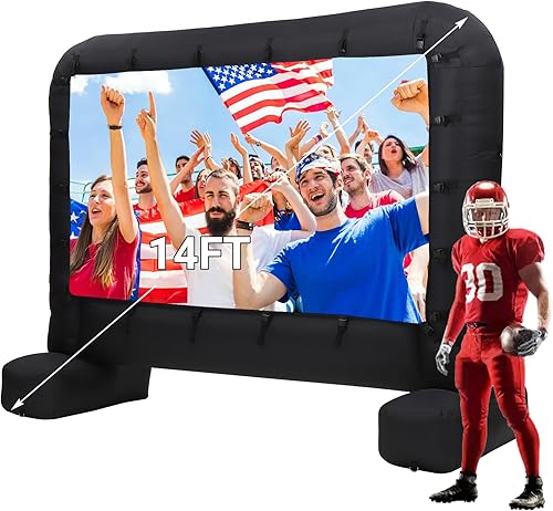 Pantalla de proyector de película inflable de 14 pies, pantalla de cine al aire libre con soplador de aire silencioso y bolsa de almacenamiento,