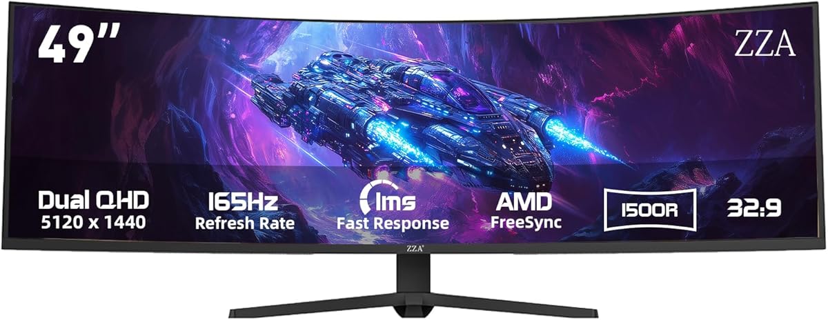 ZZA 49 Inch Ultrawide Curved Gaming Monitor, 165Hz, DQHD 5120x1440P, 1500R, Ultra-Wide 32:9 Screen, HDMI 2.0&DP1.4, 1ms MPRT, HDR, FreeSync G-Sync Compatible, VESA Compatible, Height/Tilt Adjustable