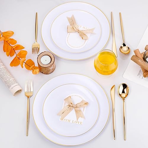 Miniatura 7 de U-QE 180 cuchillos de plástico dorados, cubiertos desechables de plástico resistente, cuchillos pesados, cubiertos dorados perfectos para fiestas,