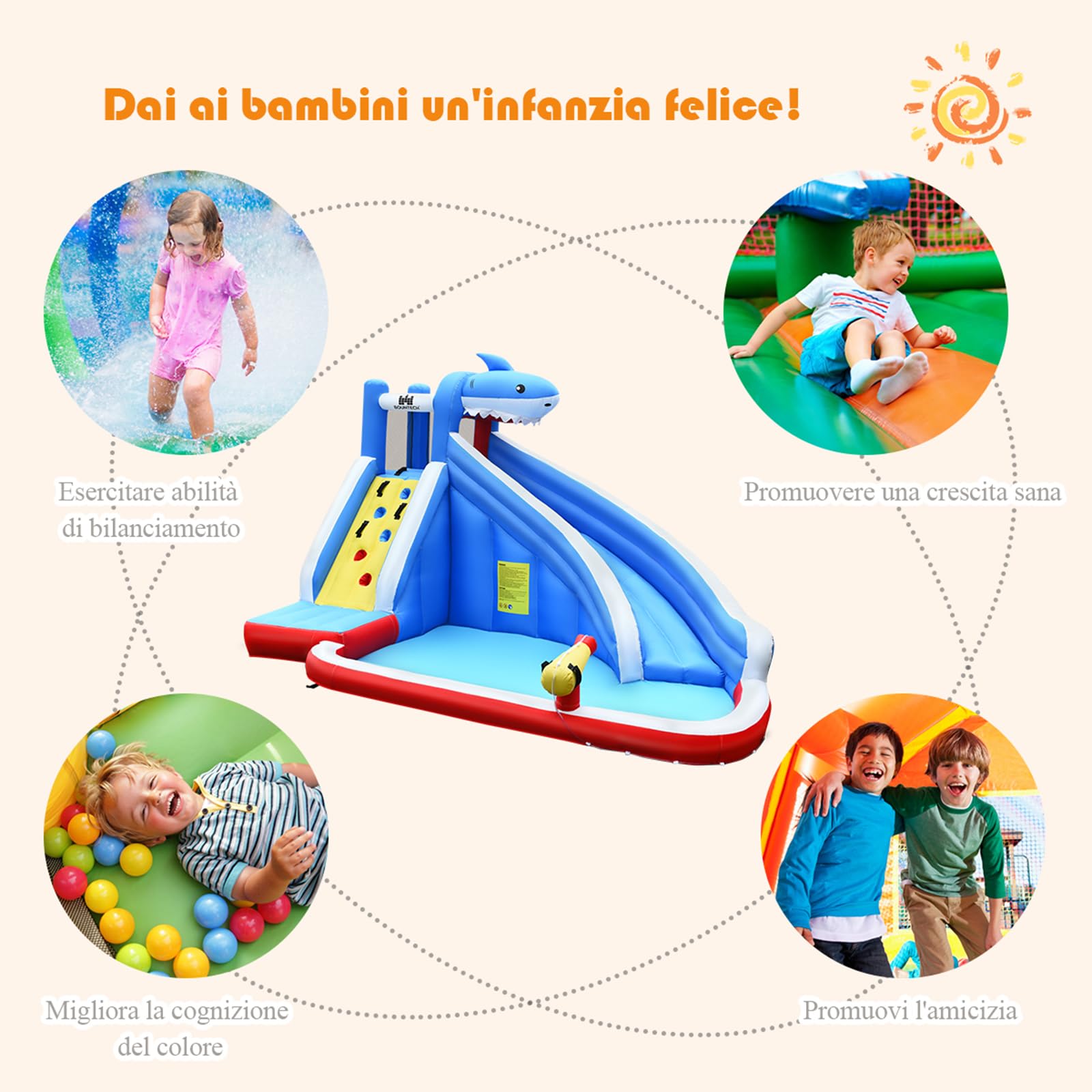 COSTWAY Castello Gonfiabile Per Bambini, Parco Giochi Gonfiabile Con Scivolo, Parete Per Arrampicarsi e Piscina, Ideale Per 4 Bambini 3-8Anni, Con Borsa di Trasporto e Kit di Riparazione