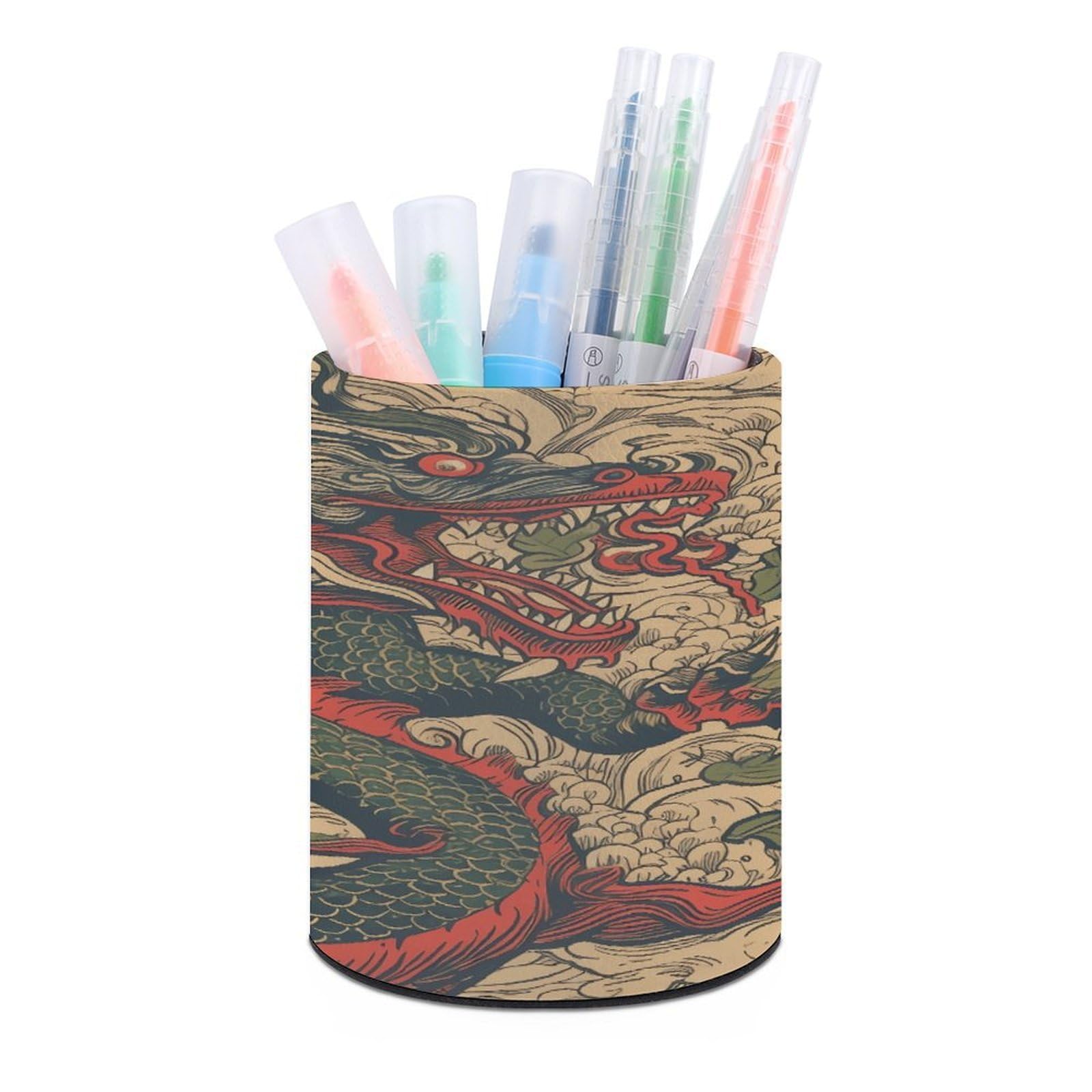 FekiLoot PU Leather Round Pen Holder Beige Dragon Pattern Pencil Holder Desk Organizer Pen Organizer Pen Cup Pencil Cup Caddy Desktop Stationery Organizers for Office Home Supplies