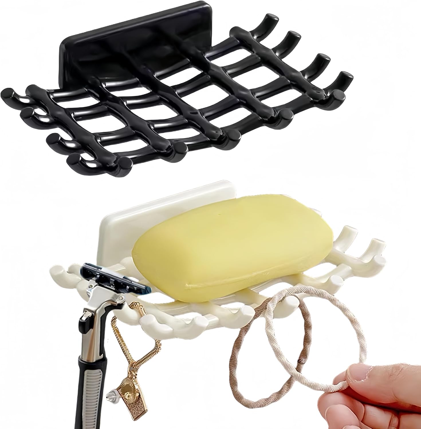 Soap Holder Soap Dish with Hooks Razor Holder Adhesive Bar Soap Holder No Drilling Soap Saver Tray for Shower Wall Bathroom Organizer Shower Rack Bathtub Sink (White+White)