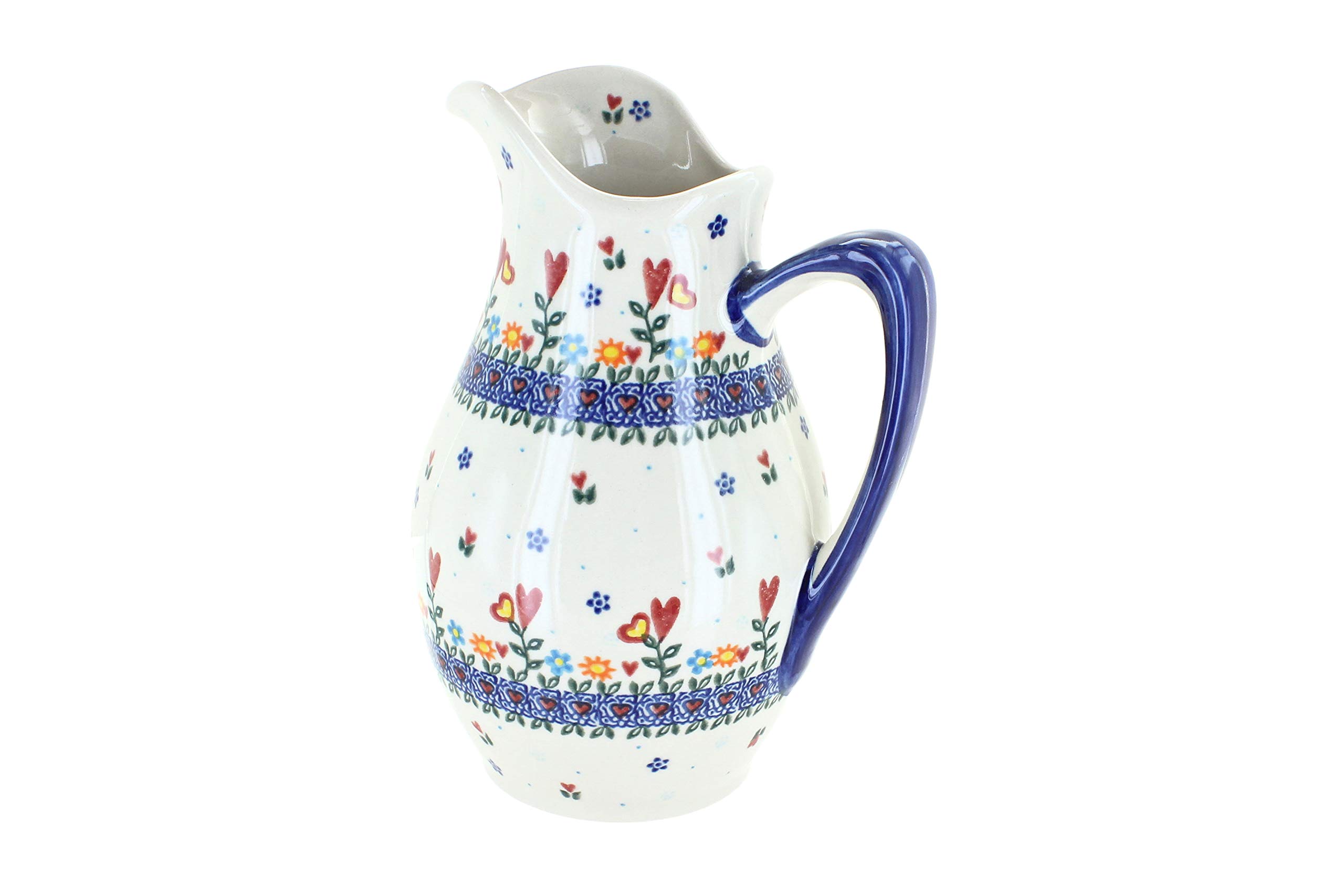 Blue Rose Polish Pottery Hearts and Flowers Pitcher