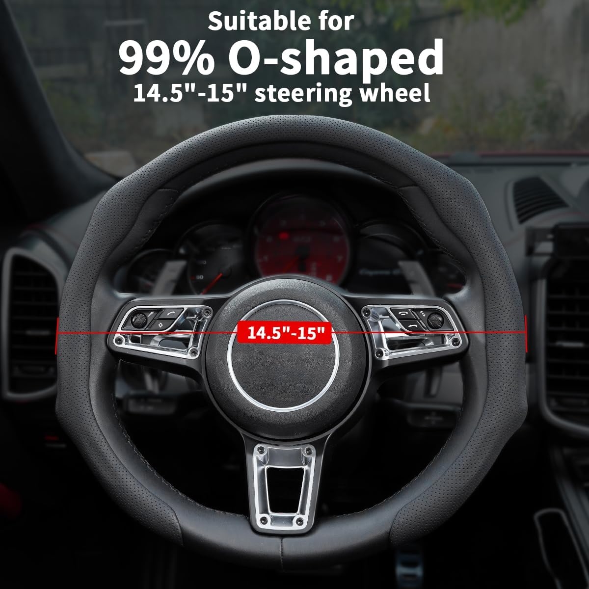 Nappa Leather Car Steering Wheel Cover Non Slip Vehicle Steering Wheel Cover Trim Protector, Quick Install Comfy Automotive Interior Decor, Universal fit 14½ to 15 inches Car Pickup SUV