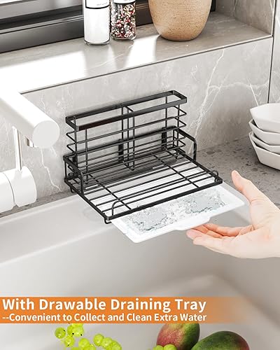 Miniatura 4 de SWTYMIKI Organizador de fregadero de cocina, organizador de esponja de gran capacidad con bandeja de drenaje extraíble, soporte de esponja de cocina