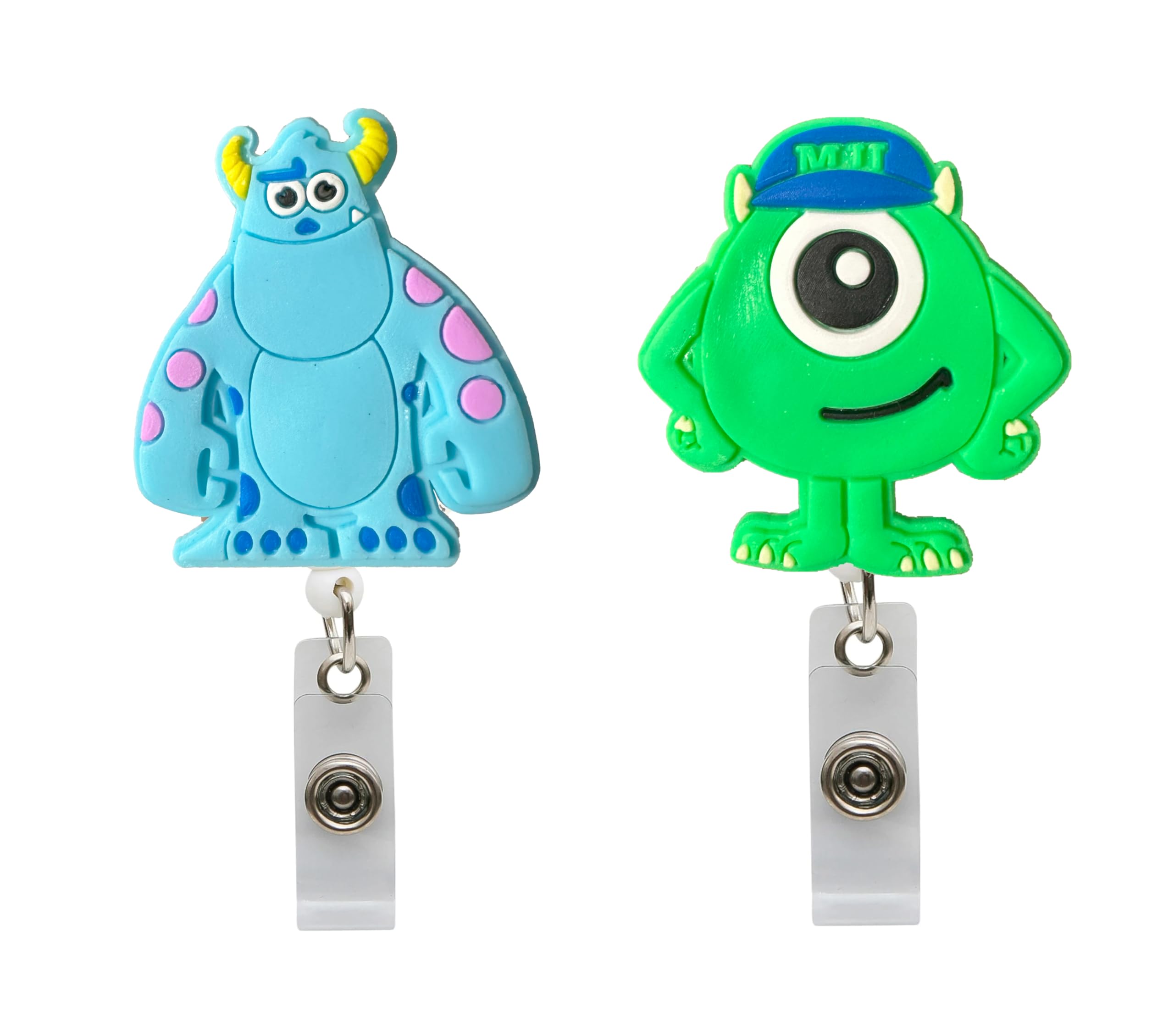 2Pack Cartoon Cute Green Big Eye Blue Monster- Company Retractable Nurse Badge Reel, Holder for Office Work ID and Name Tag with Metal Alligator Clip,