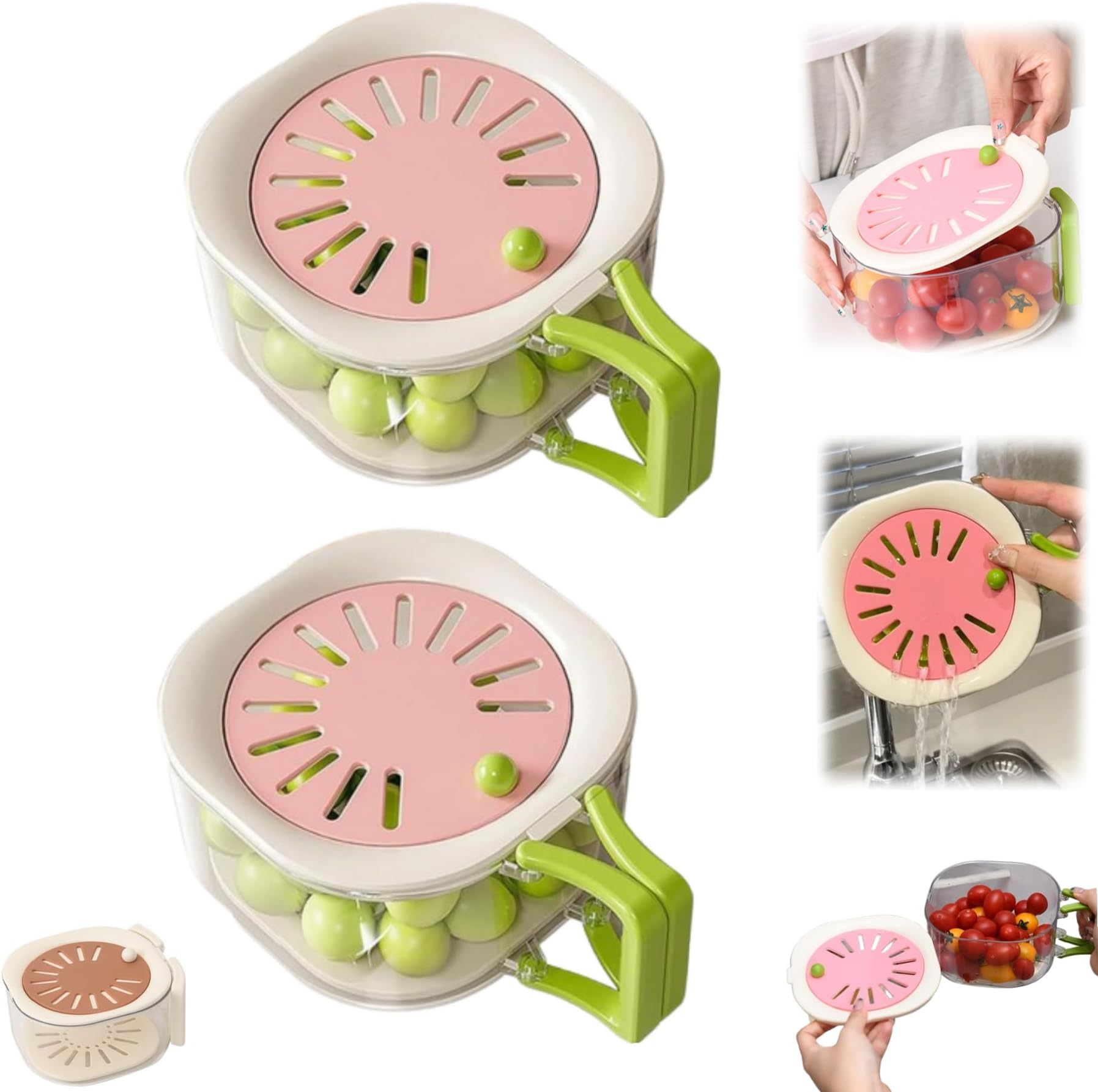2-in-1 Draining and Preservation Basket,Multifunctional Fruit and Vegetable Washing Bowl with Strainer, Fruit Washer Drainer Container Set with Lid and Handle (Color A-2PCS)