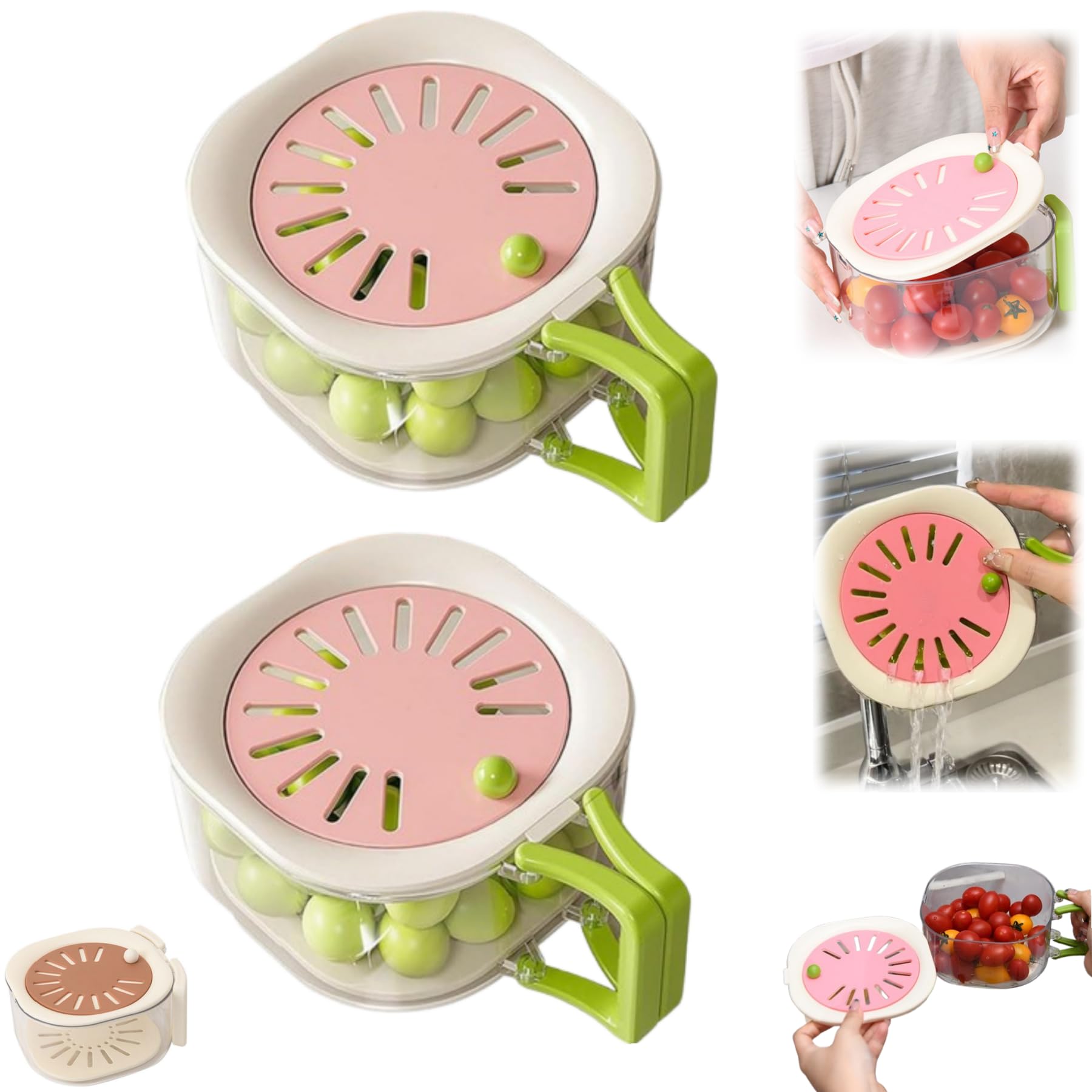 2-in-1 Draining and Preservation Basket,Multifunctional Fruit and Vegetable Washing Bowl with Strainer, Fruit Washer Drainer Container Set with Lid and Handle (Color A-2PCS)