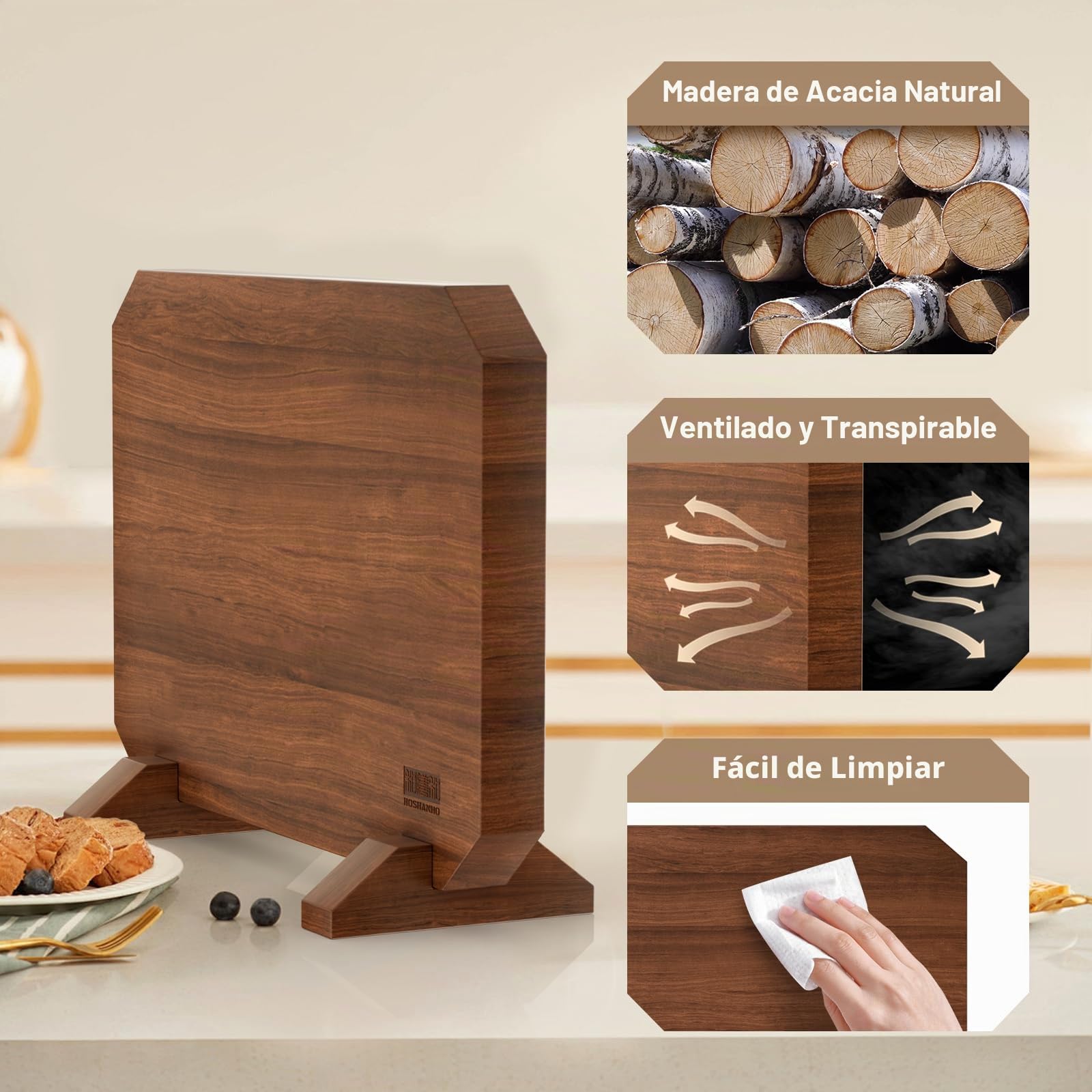 HOSHANHO Soporte Magnético Para Cuchillos de Doble Cara, Bloque para Cuchillos Magnético de Acacia, Multifuncional Soporte Iman Cuchillos, Base Magnética de Madera Cuchillos para Cocina