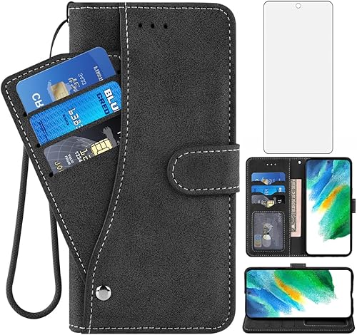 Asuwish Compatible con Samsung Galaxy S21 FE Gaxaly S 21 FE 5G Funda tipo cartera y protector de pantalla de vidrio templado con tapa abatible para