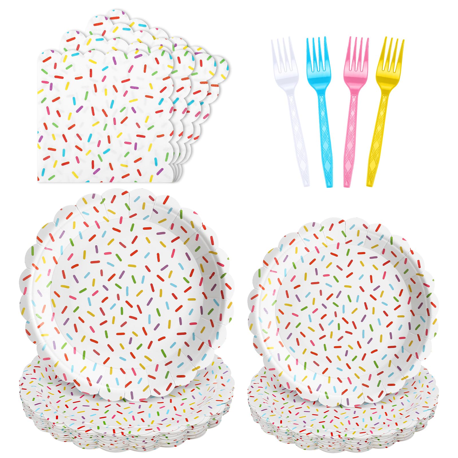 Newtay 96 Pcs Donut Plates and Napkins Party Supplies Include Sprinkles Paper Plates, 2 Ply Cocktail Napkins, Plastic Forks Disposable Tableware for