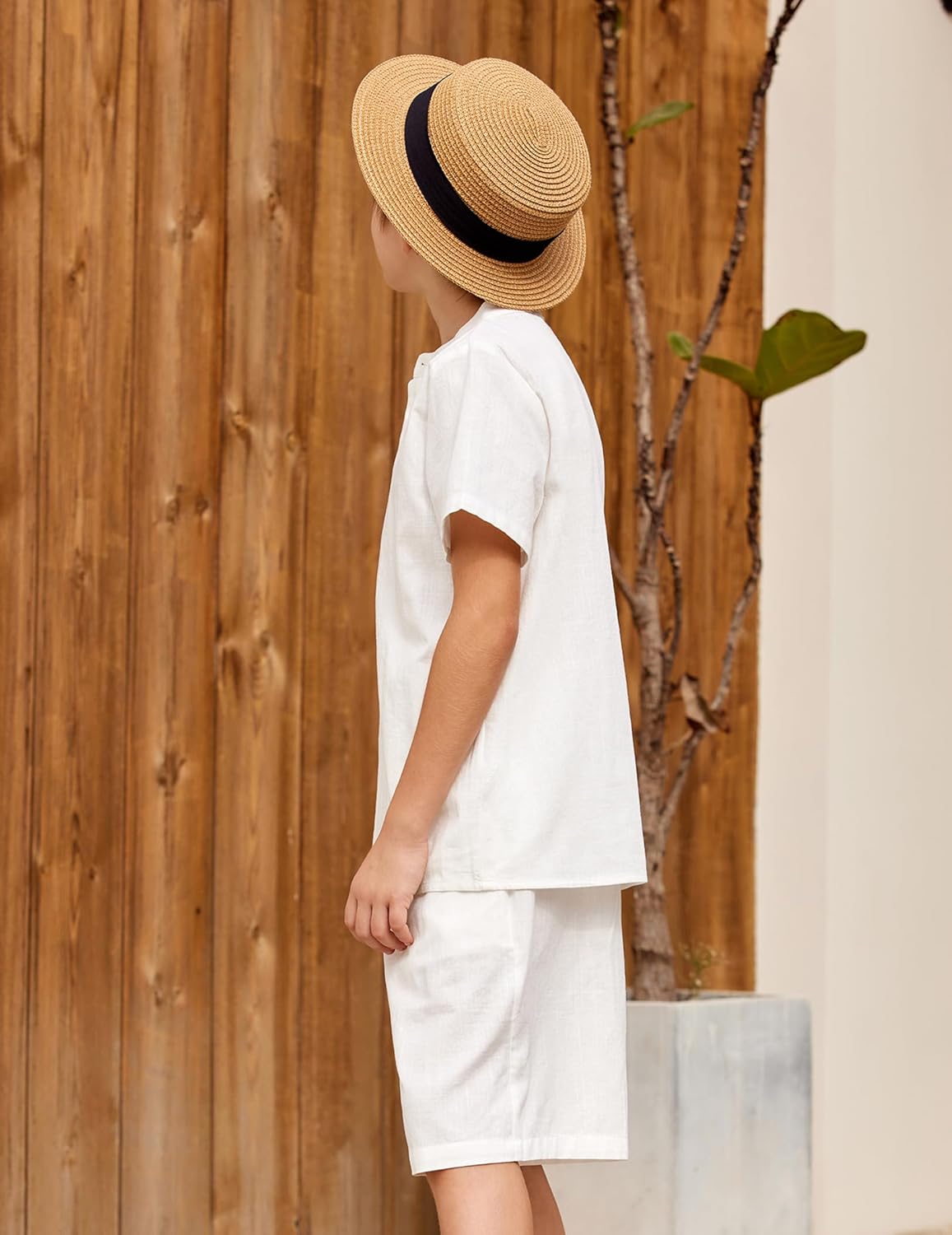 Arshiner Boy's 2 Pieces Cotton Linen Set Casual Henley Shirts Short Sleeve Beach Shorts Summer Outfits for 5-12 Years - Image 4