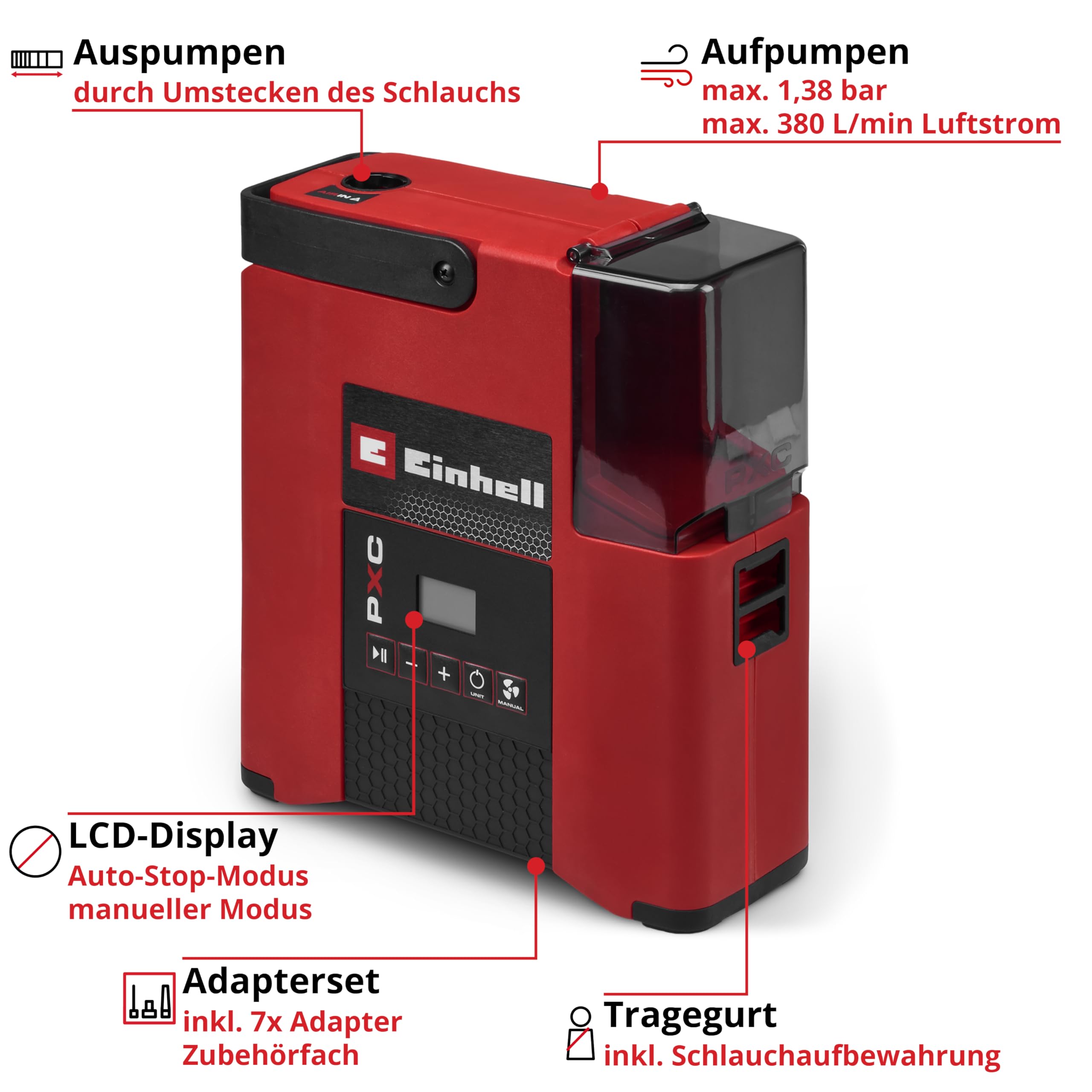 Einhell Akku-SUP-Pumpe SUPPERO 18/380 PXC (18 V, Inflation + Deflation, max. 1,38 bar / 20 PSI, max. 380 L/min, Auto-Stop, Tragegurt, inkl. 7 Adapter, ohne Akku)