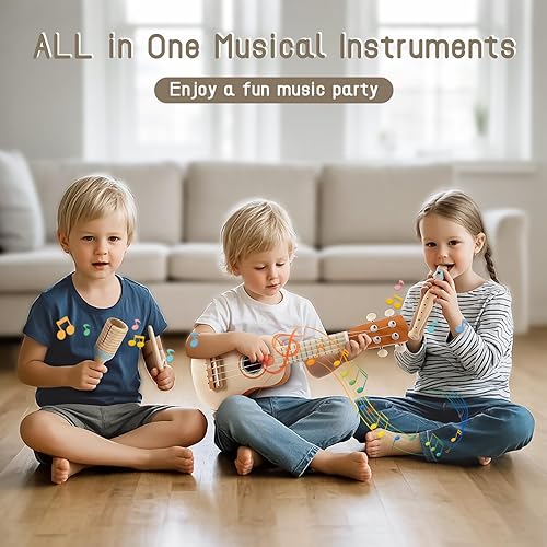 Miniatura 2 de Juego de guitarra para niños, instrumentos musicales 7 en 1 para niños pequeños de 2 a 4 años, juguetes musicales de madera para niños y niñas de 2,