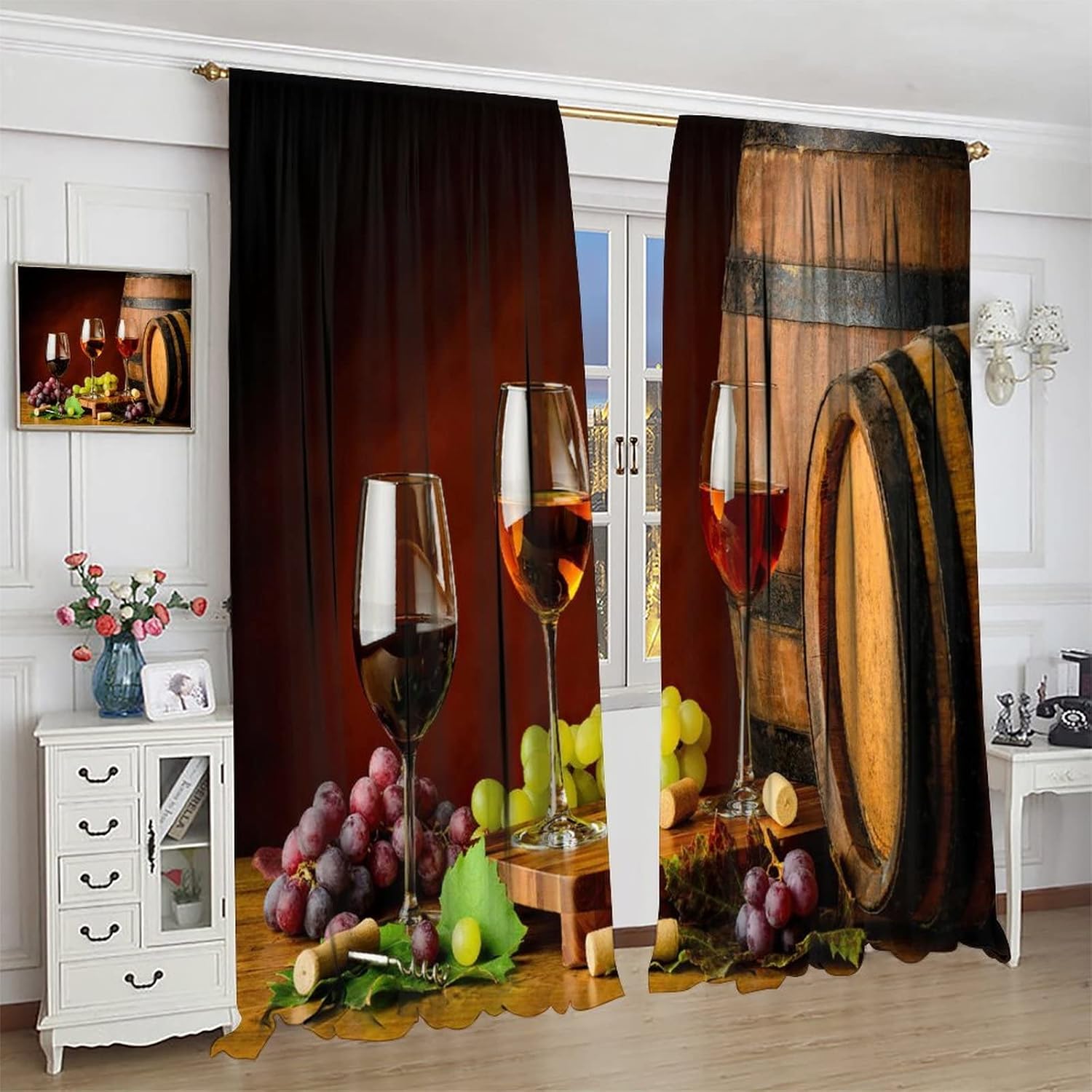 Wine Blackout Window Curtains, Glasses of Red Wine Grapes on Wooden Table French Gourmet Tasting Romantic Brown Barrels Rod Pocket Curtains, For Kitchen Living Room Bedroom 42x45in 2 Panels