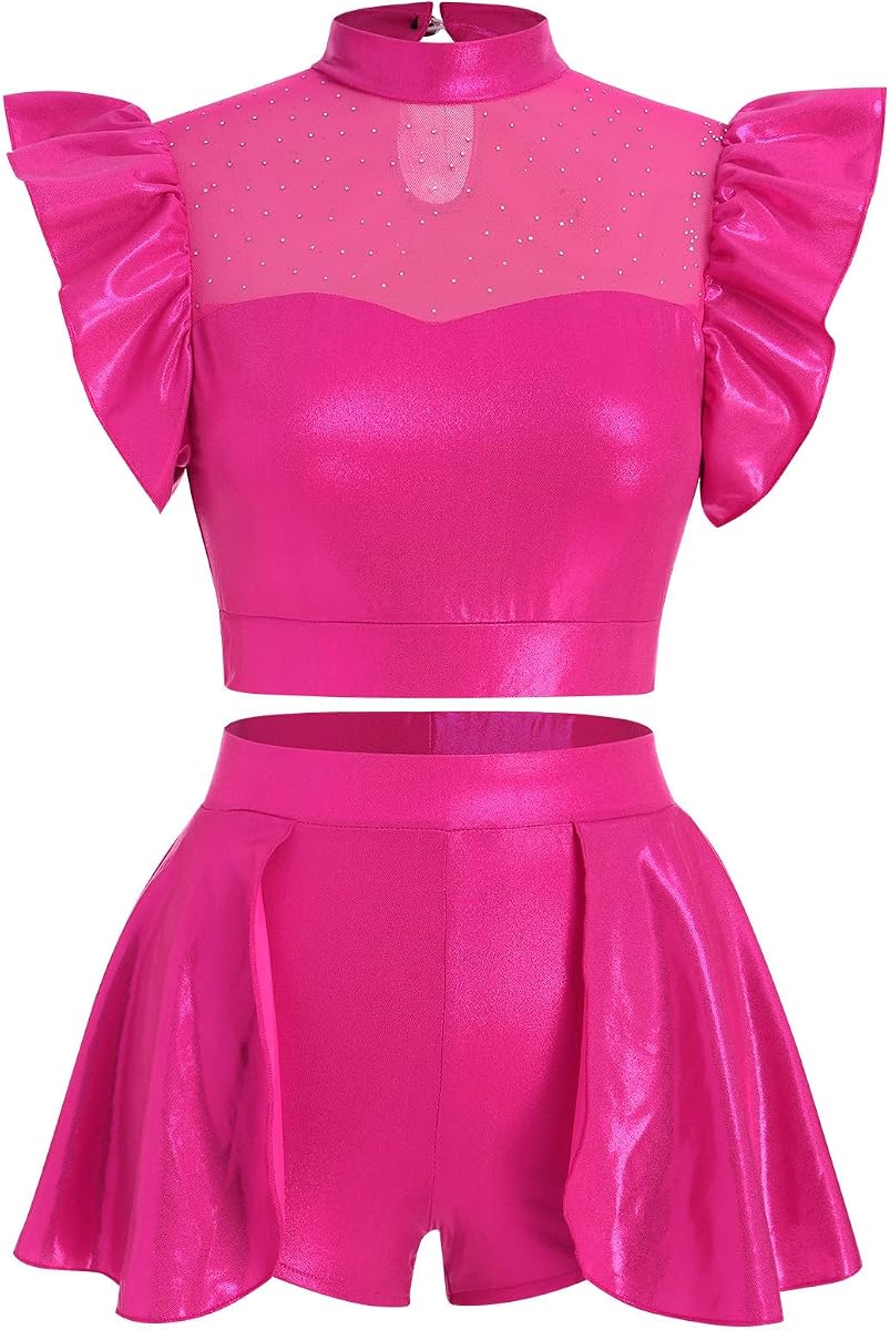 ODASDO Women Two Piece Dance Outfit Shiny Metallic Dancewear Flutter Sleeve Crop Tops + Skirted Shorts Set