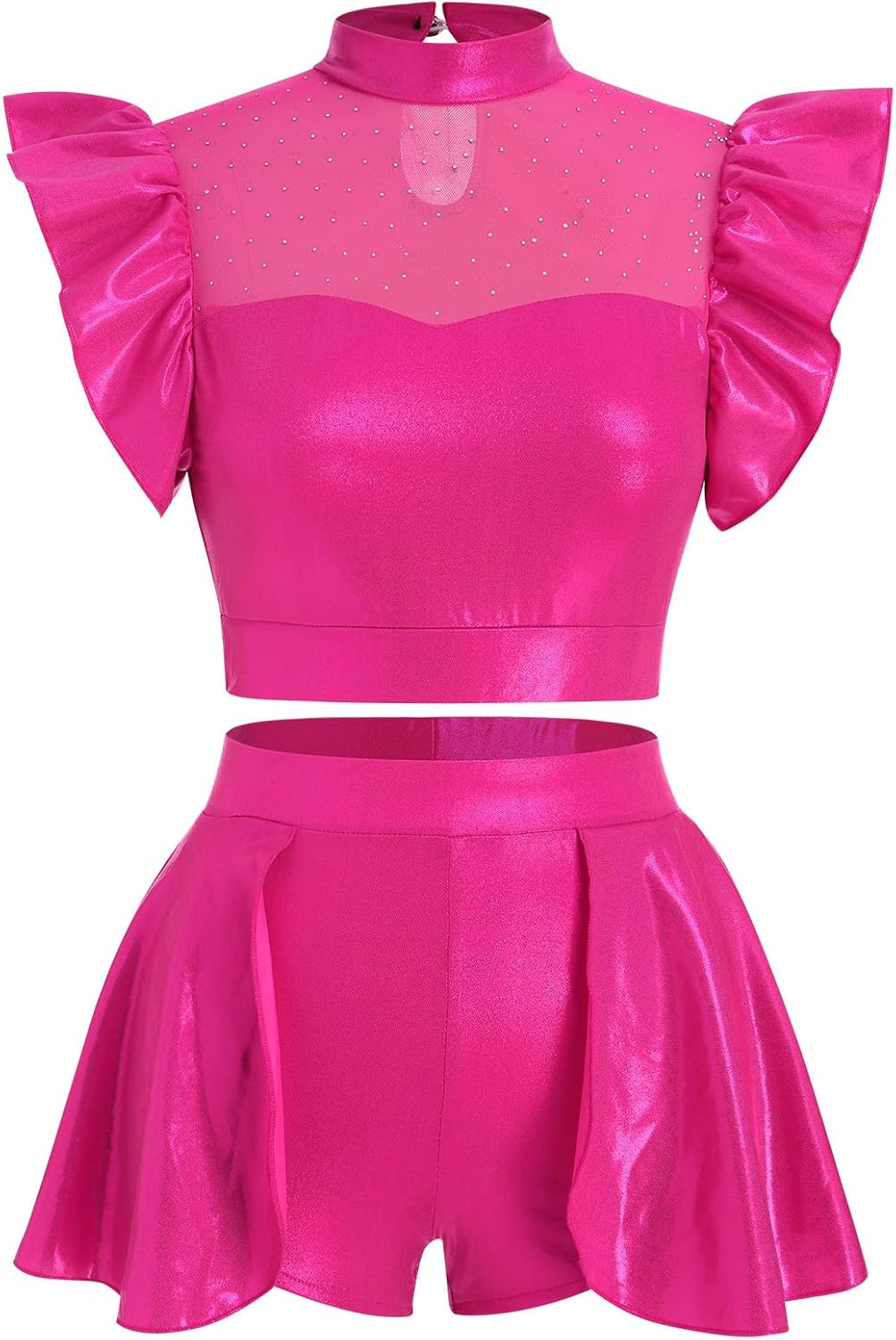 Women Metallic Dance Dress Ruffle Sleeve Crop Top Mini Dance Short Half Skirt Adult Ballerina Lyrical Dance Costume