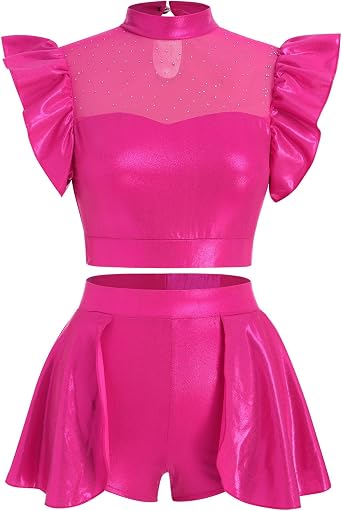 Women Metallic Dance Dress Ruffle Sleeve Crop Top Mini Dance Short Half Skirt Adult Ballerina Lyrical Dance Costume