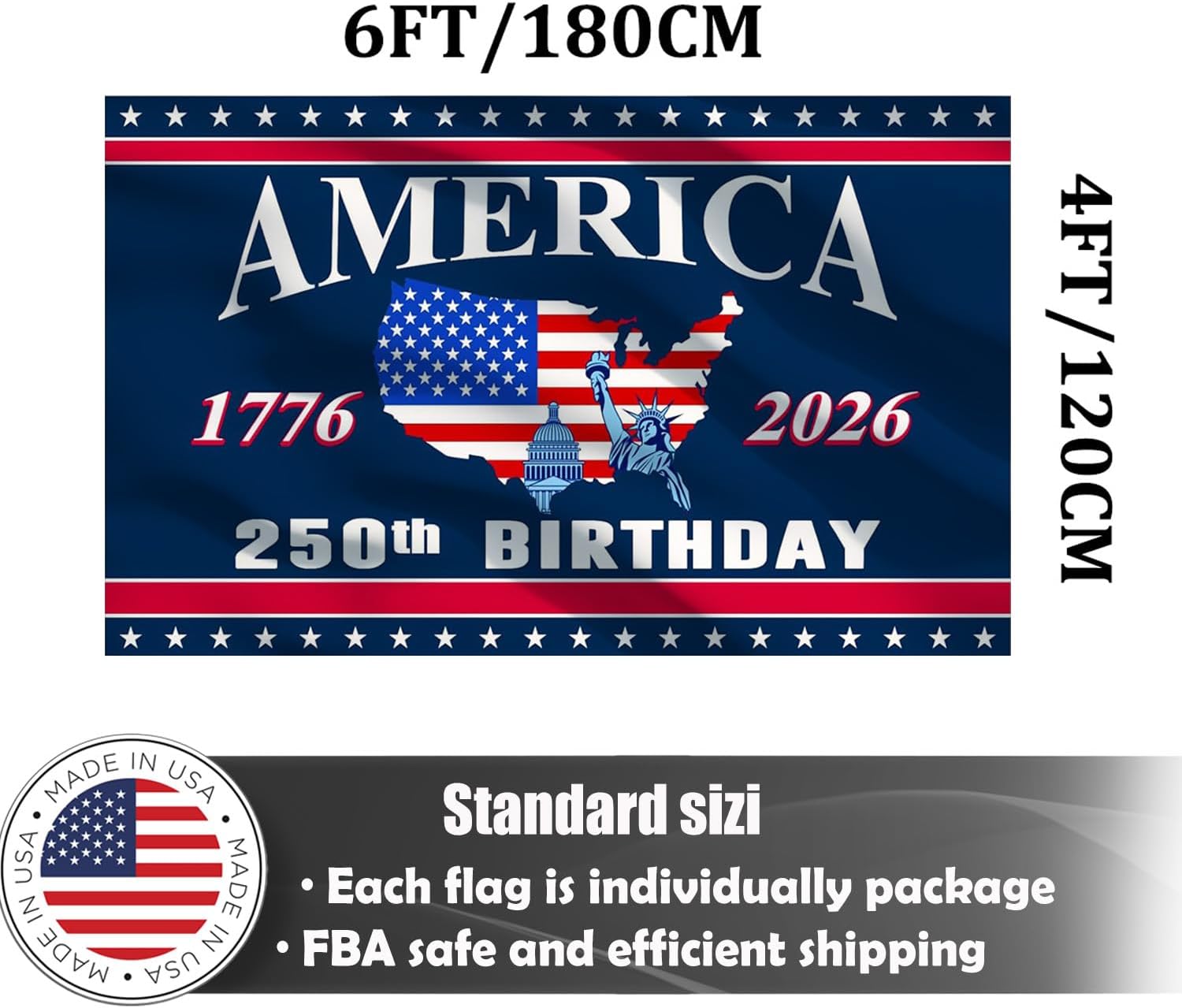 Double-sided 250th Anniversary Flag 4x6 Ft, America 250 Flag 4x6, Blue White Red USA Flag & Map Design, Durable 250 Anniversary USA Flag for Indoor Outdoor Celebration