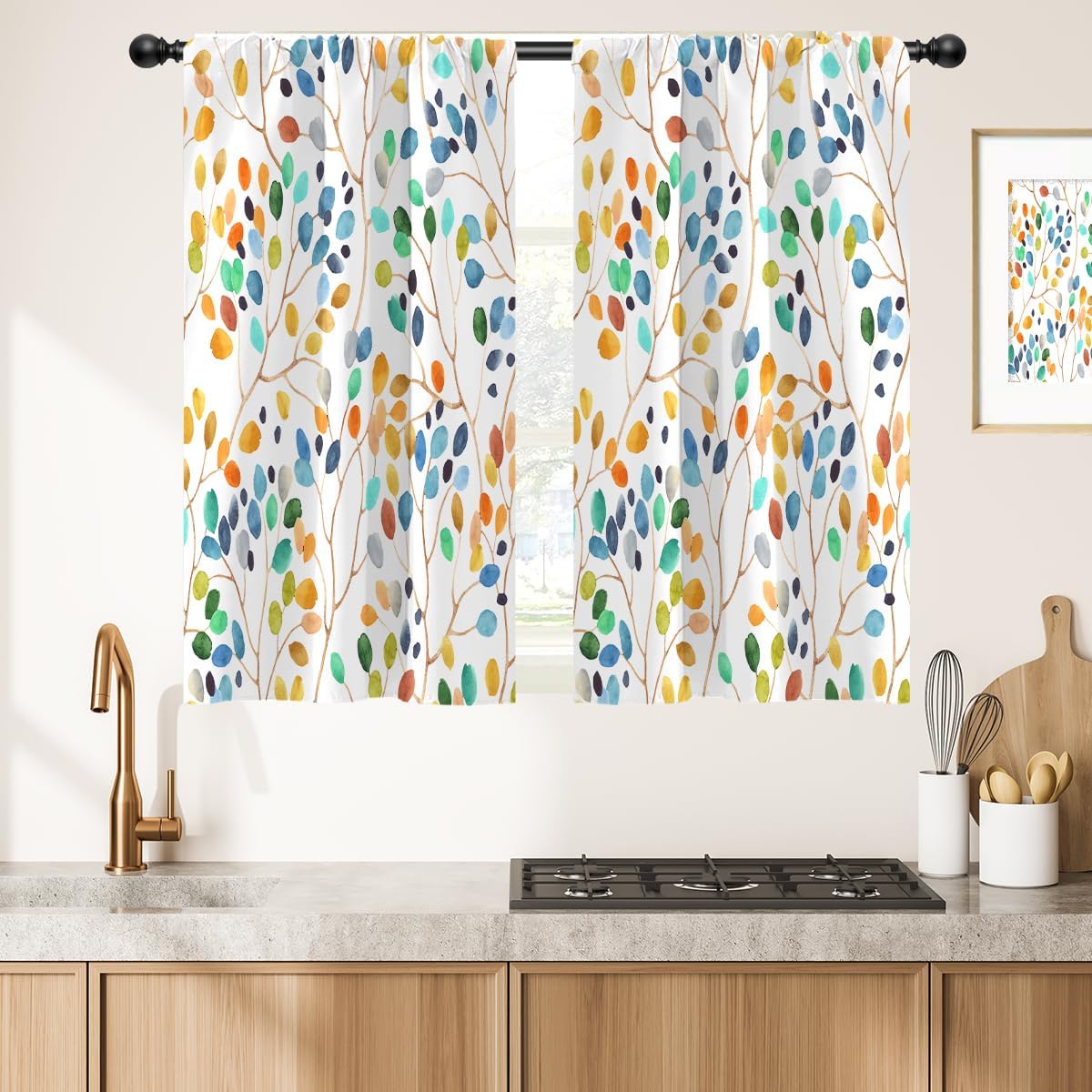 Colorful Kitchen Window Curtains Valance and Tiers Set Rod Pocket Small Short Mini Plant Floral Boho Watercolor Retro Vintage Drapes 3 Panel for Living Bedroom Decor 52x18 inch + 26x36 inch*2
