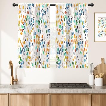 Colorful Kitchen Curtains, Boho Floral, 2 Panels, 27.5 x 39 Inch