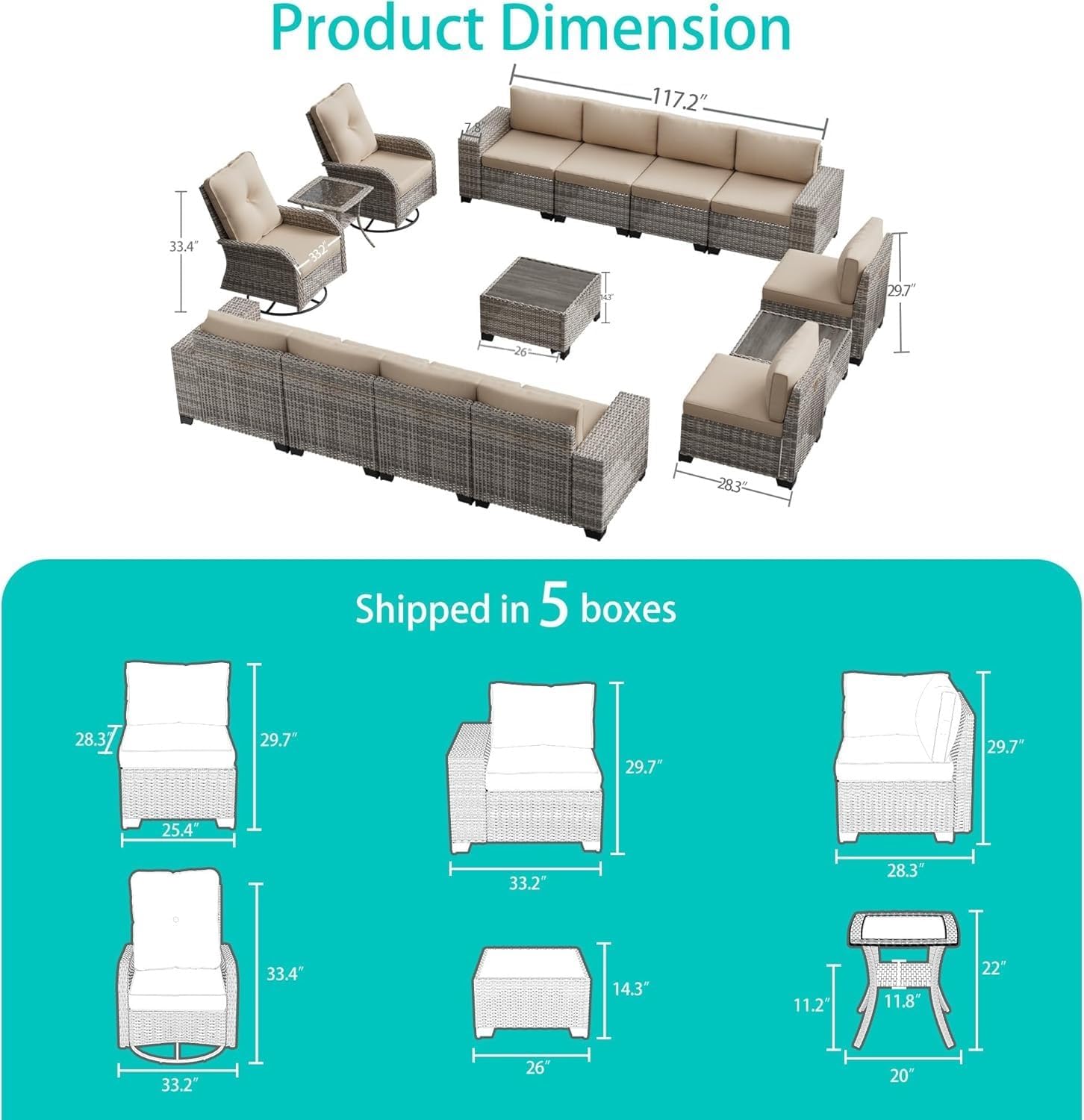 15-Piece Outdoor Patio Furniture Set with Rocking Swivel Chairs, Wicker Sectional Sofa, Thick Cushions, Coffee Table, Patio Conversation Set for Garden Backyard Lounge Seating(Gray)