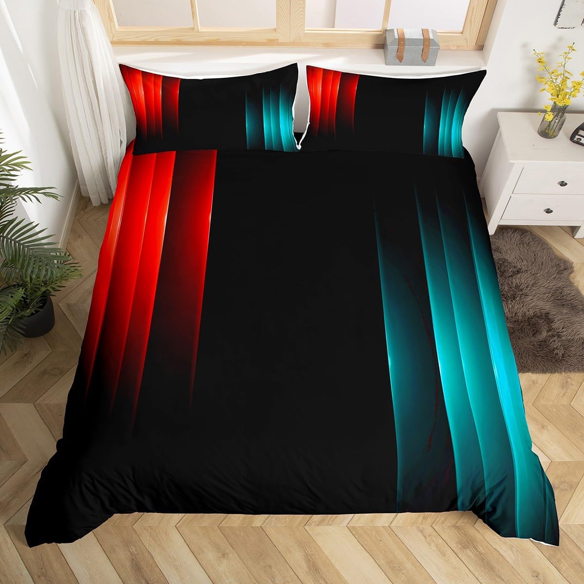 Feelyou Kids Geometric Abstract Striped Bedding Set Queen Size Gray Red Black Ombre Duvet Cover for Boys Girls Teens Modern Stripes Line Decor Comforter Cover Set Women Men Bedspread Cover