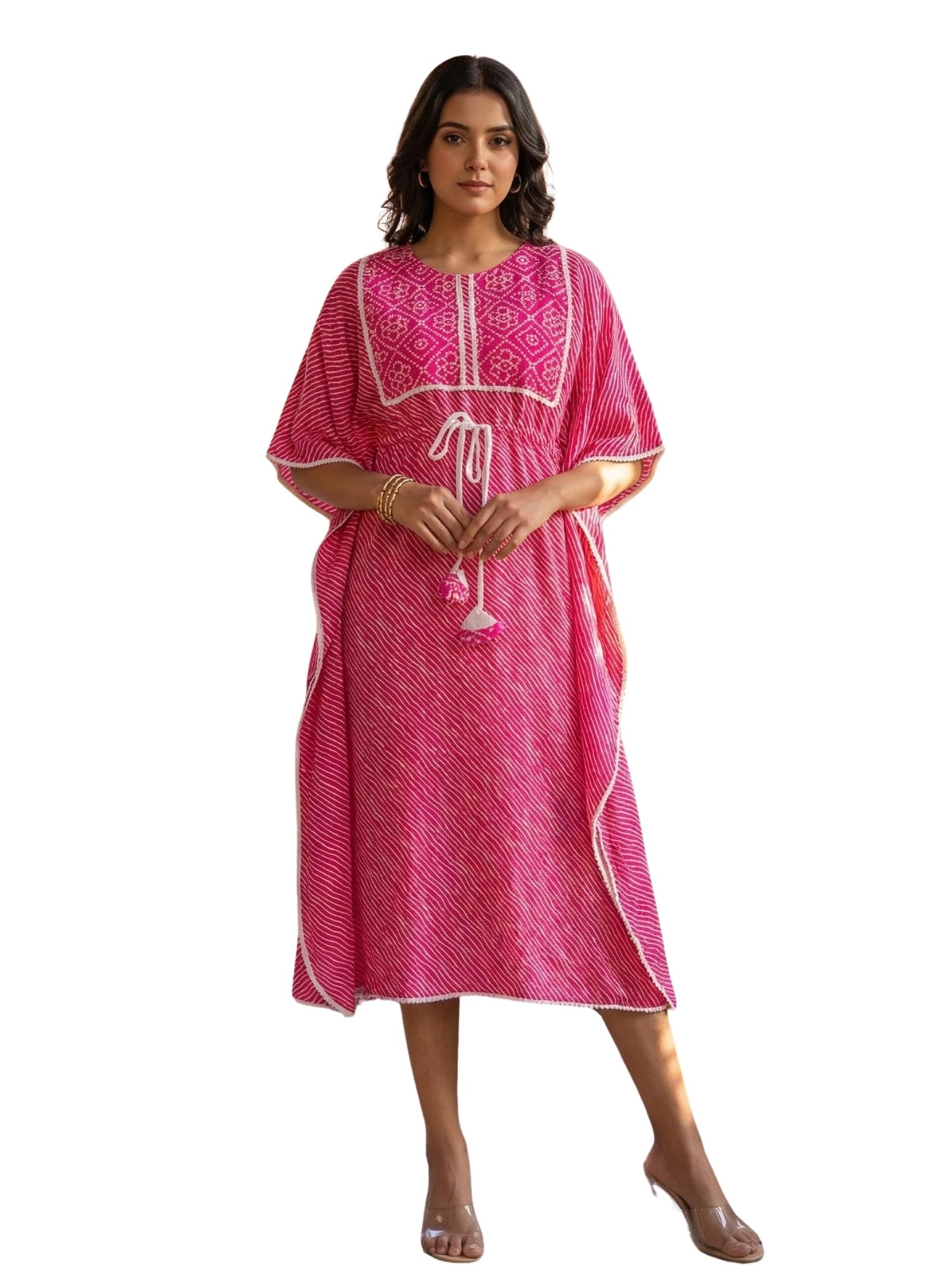 yash gallery Women's Rayon Printed Kaftan Dress with Adjustable Drawstring Waist Batwing Sleeves & Casual Lounge Wear Kurti-picture-2