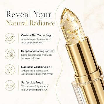 Colour Changing Lipstick, PH Adjusting Lipstick with Gold Foil, Long Lasting Moisturising Clear Lip Stick for Mature Women, Smooth Glossy Shine Lip Tint, 24H Hydrating Translucent Finish (1PC)