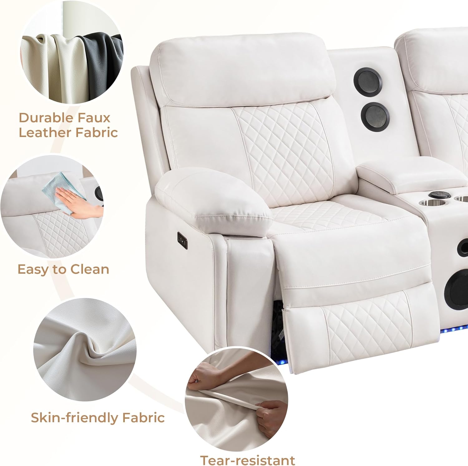 Power Recliner Sectional Sofa Wall Hugger with Bass Speakers,LED Strip,USB Ports,Storage Console,Cup Holders,Faux Leather Reclining Sectional Couch with 2 Recliners for Living Room,5 Seats,White