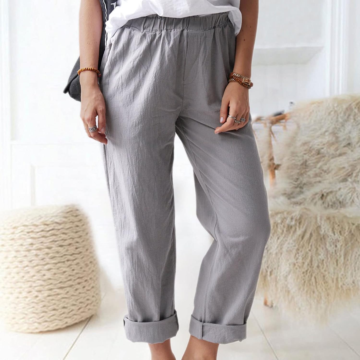 DGHM-JLMY Women's Linen Solid Elastic High Waist Straight Trousers Summer Casual Comfy Pants Pockets Cotton Lounge Pants