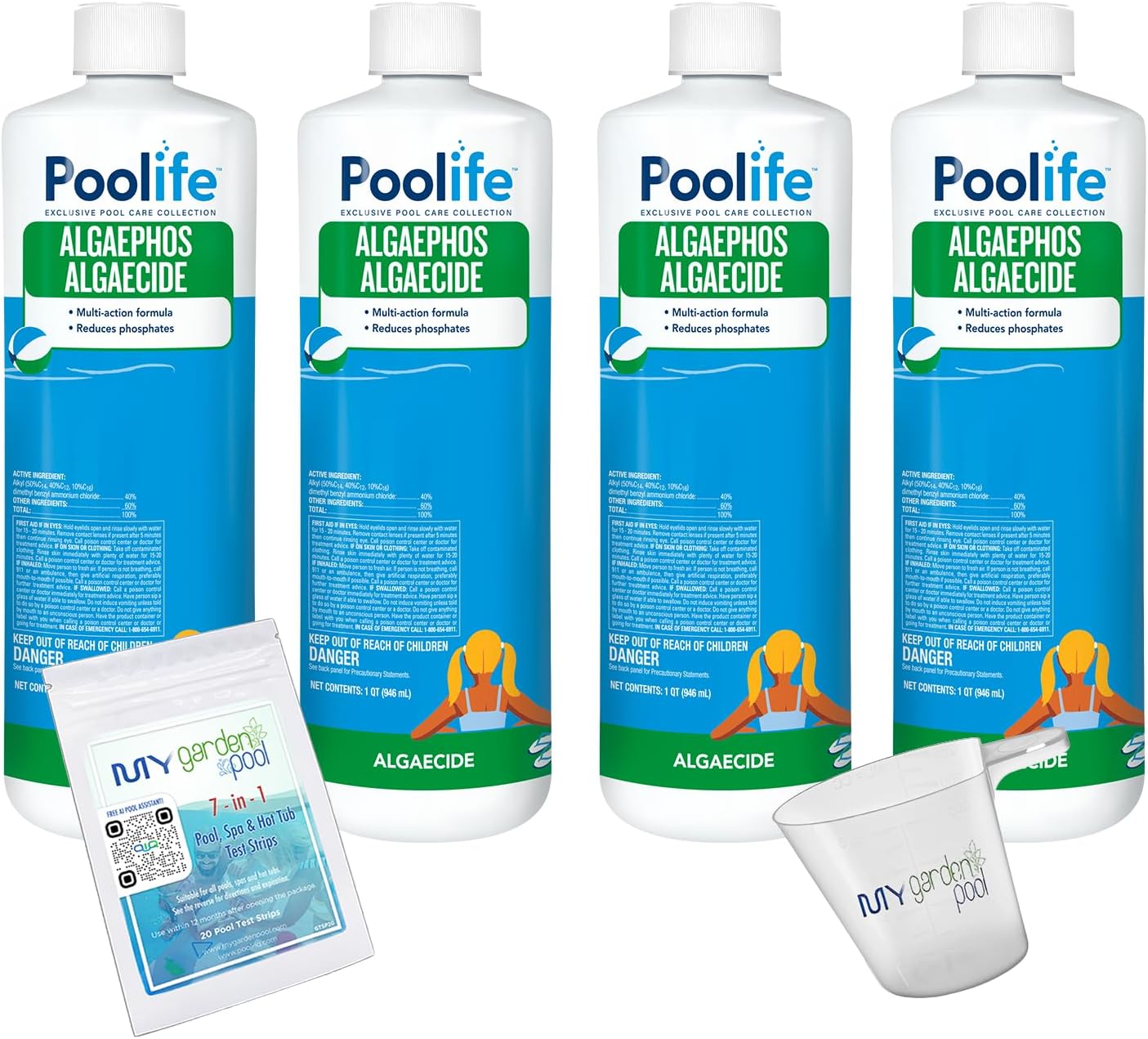 Poolife AlgaePhos – Dual-Action Algaecide & Phosphate Remover for Pools – Prevents Algae & Reduces Phosphates – Includes 7-in-1 Test Strips, Measuring Cup & Pool-IQ AI Assistant 4 Pack