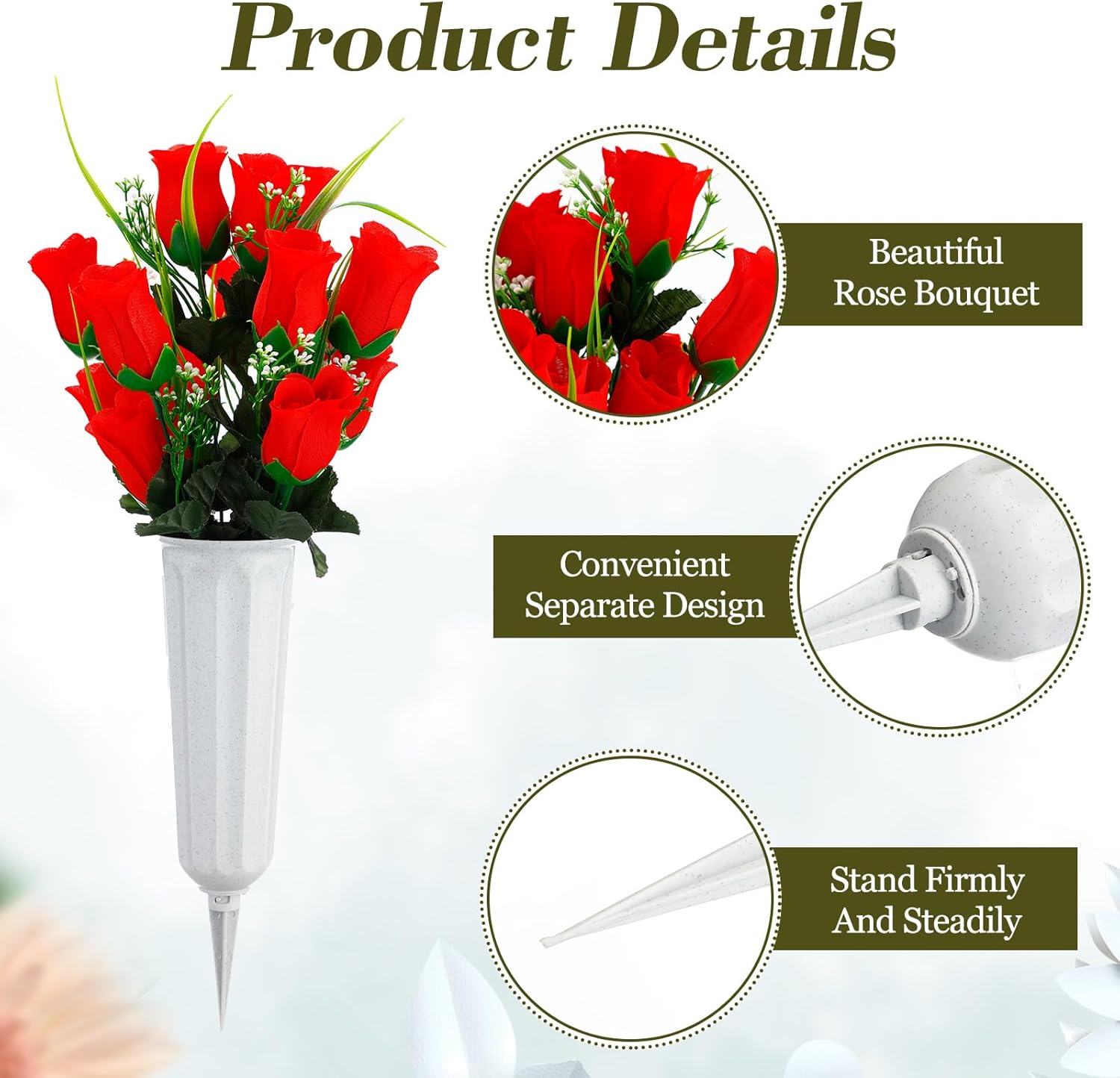 Tigeen 12 Sets Memorial Day Cemetery Flowers Bulk with Grave Vase 24 Bunches Artificial Memorial Flowers for Grave 168 Heads Silk Roses Flower Bouquets for Graveside Tombstone Headstone