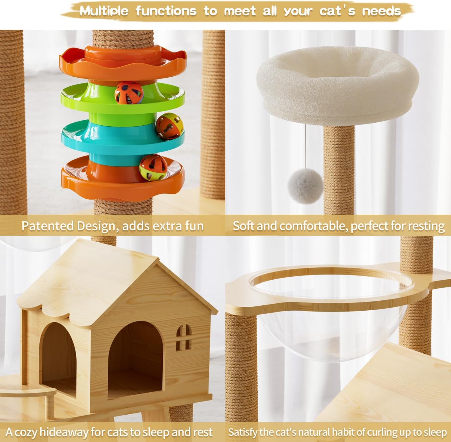 Cat Tree, Wood Cat Tree Tower for Indoor Cats, 47.3" Modern Cat Tower with Sisal-Covered Scratching Posts and Top Perch，Cat Condo with Acrylic Hammock for Small Large Cats