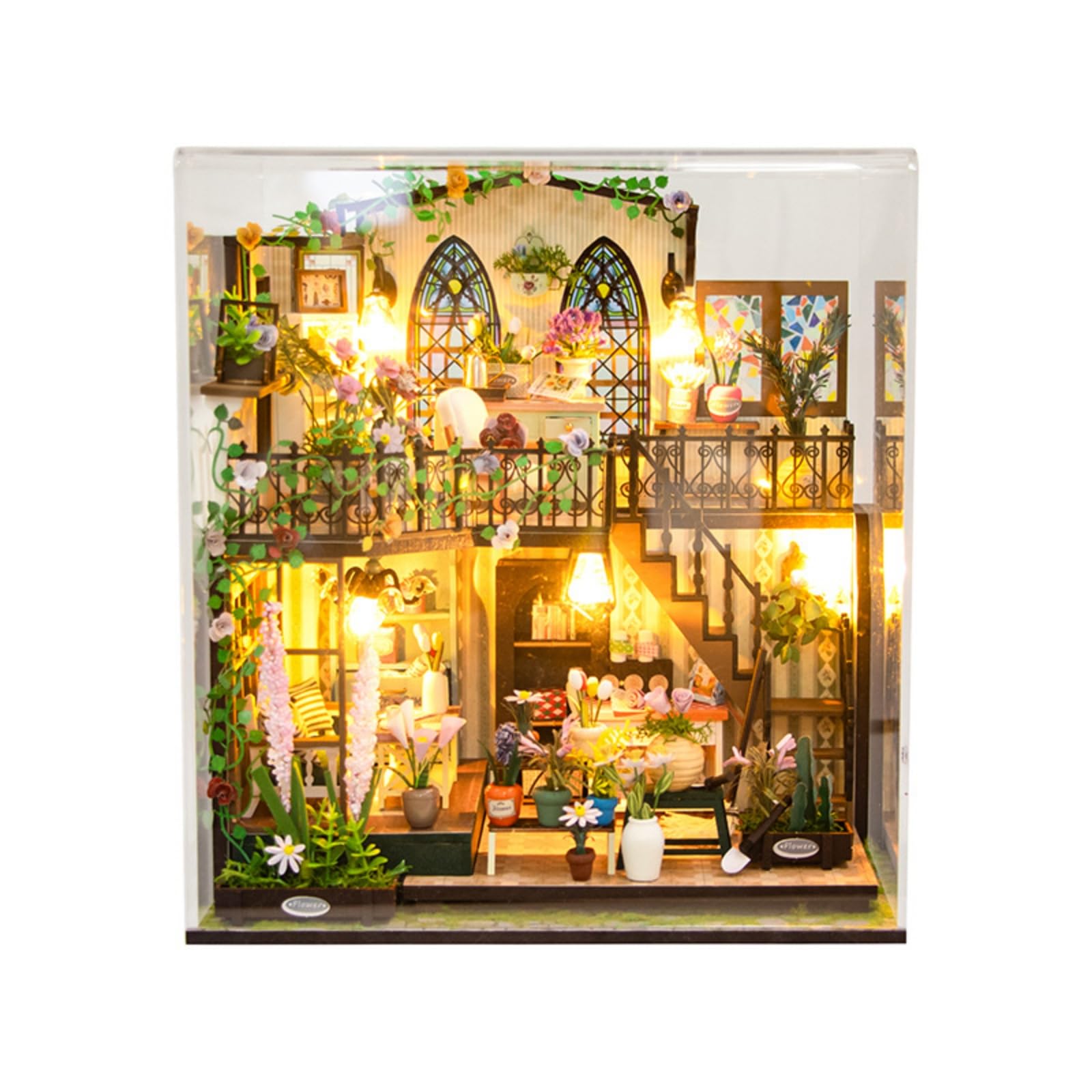 Casa in Miniatura Assemblabile Modello Bungalow Giardino Kit Casa Fai da Te Diorama con Interna E Balcone in Legno Carta Tessuto con Illuminazione, Versione Cinese Con Copertura Antipolvere