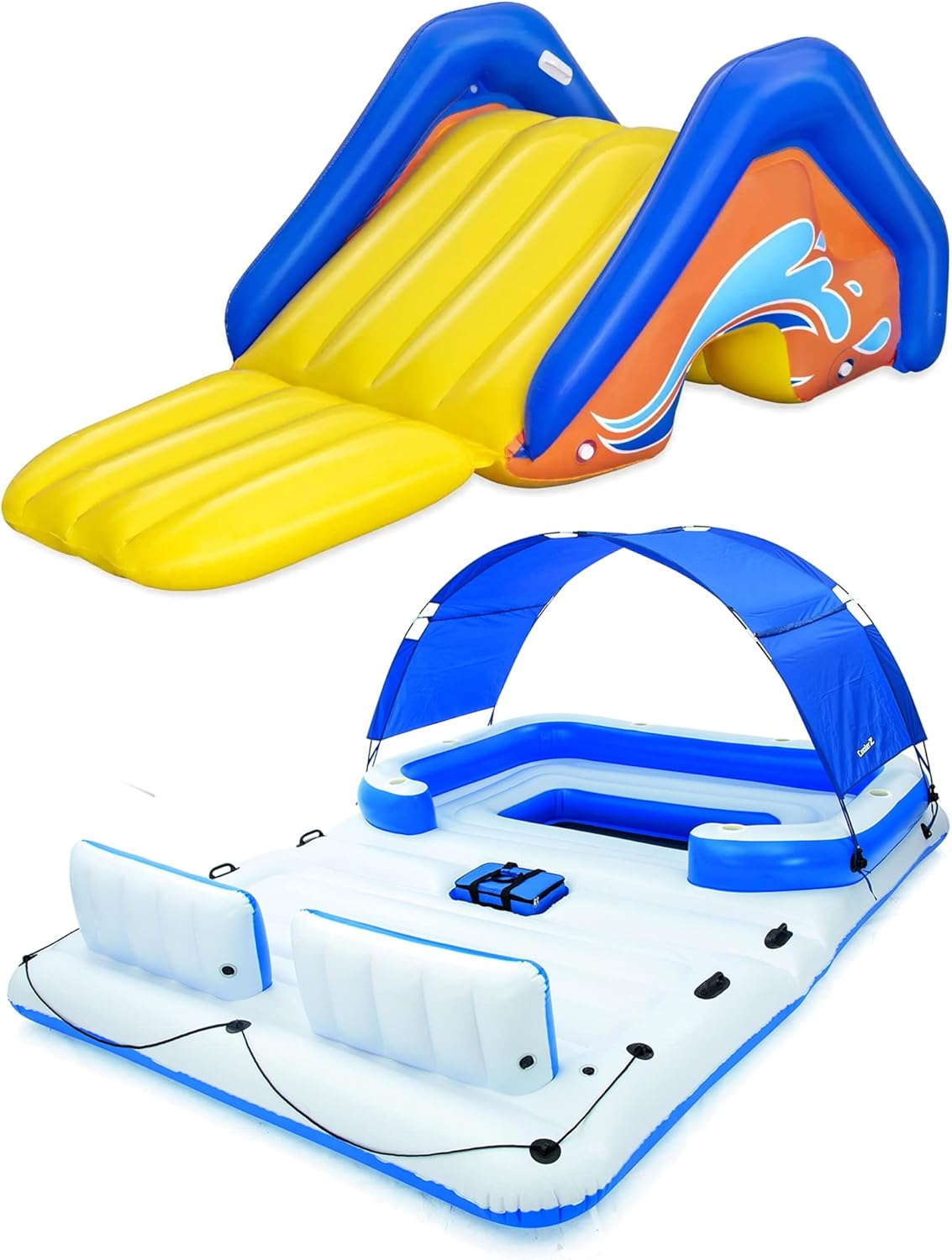 Bestway H2OGO! Inflatable Water Slide with Built-in Sprinkler and Tropical Breeze 6 Person Party Island Inflatable Water Float with Sun Shade