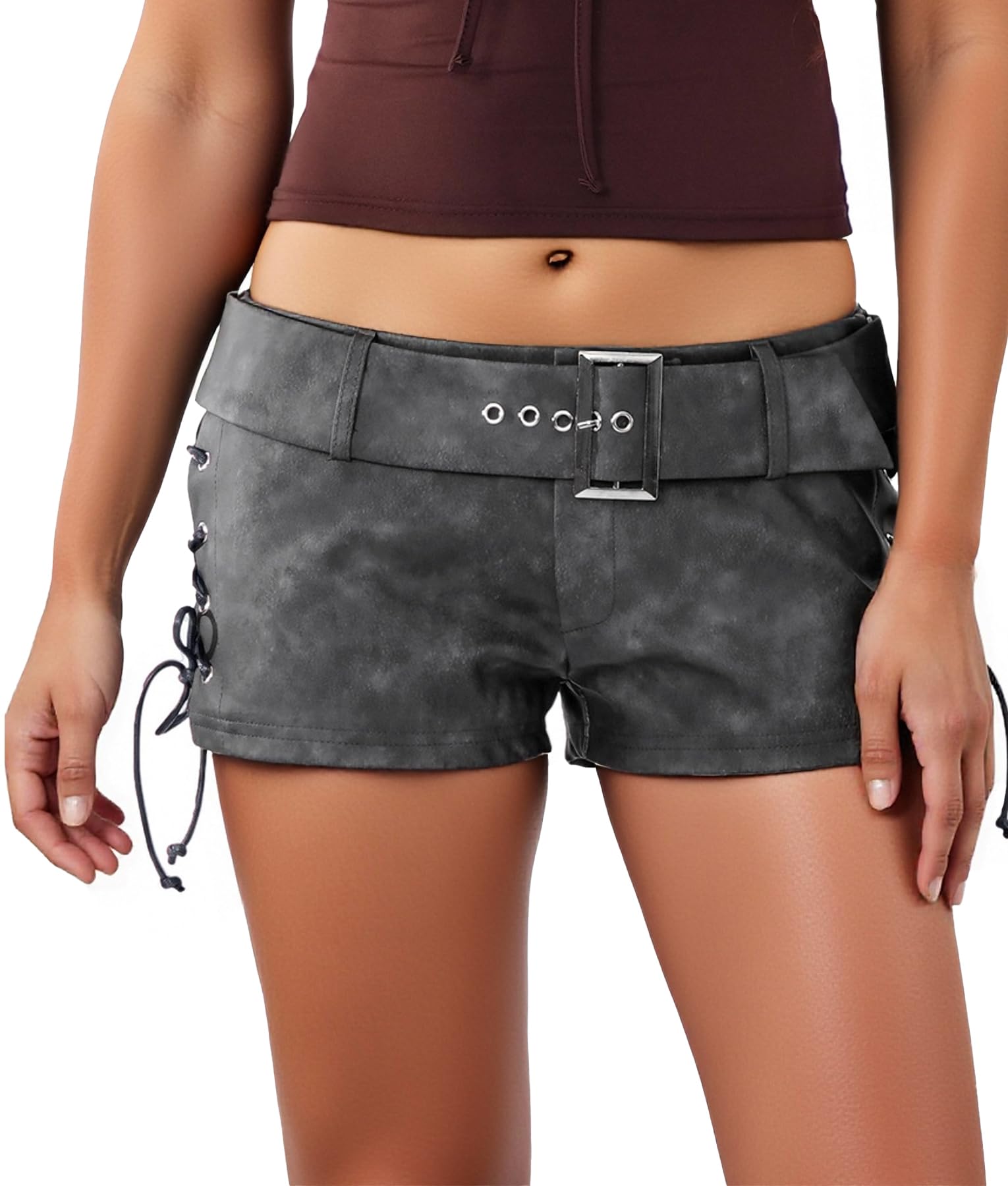 Faux Leather Shorts for Women Sexy Low Rise Mini Micro Shorts with Belt Lace Up Y2k Going Out Rave Bottoms Outfits
