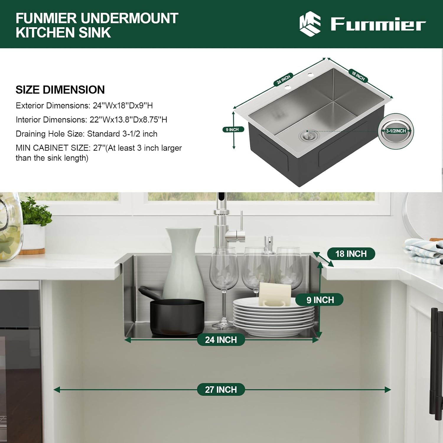 24 Inch Drop in Kitchen Sink 16 Gauge Stainless Steel Single Bowl Topmount Above Counter Handmade Bar Sink with Drain Assembly, 24"x18"x9"