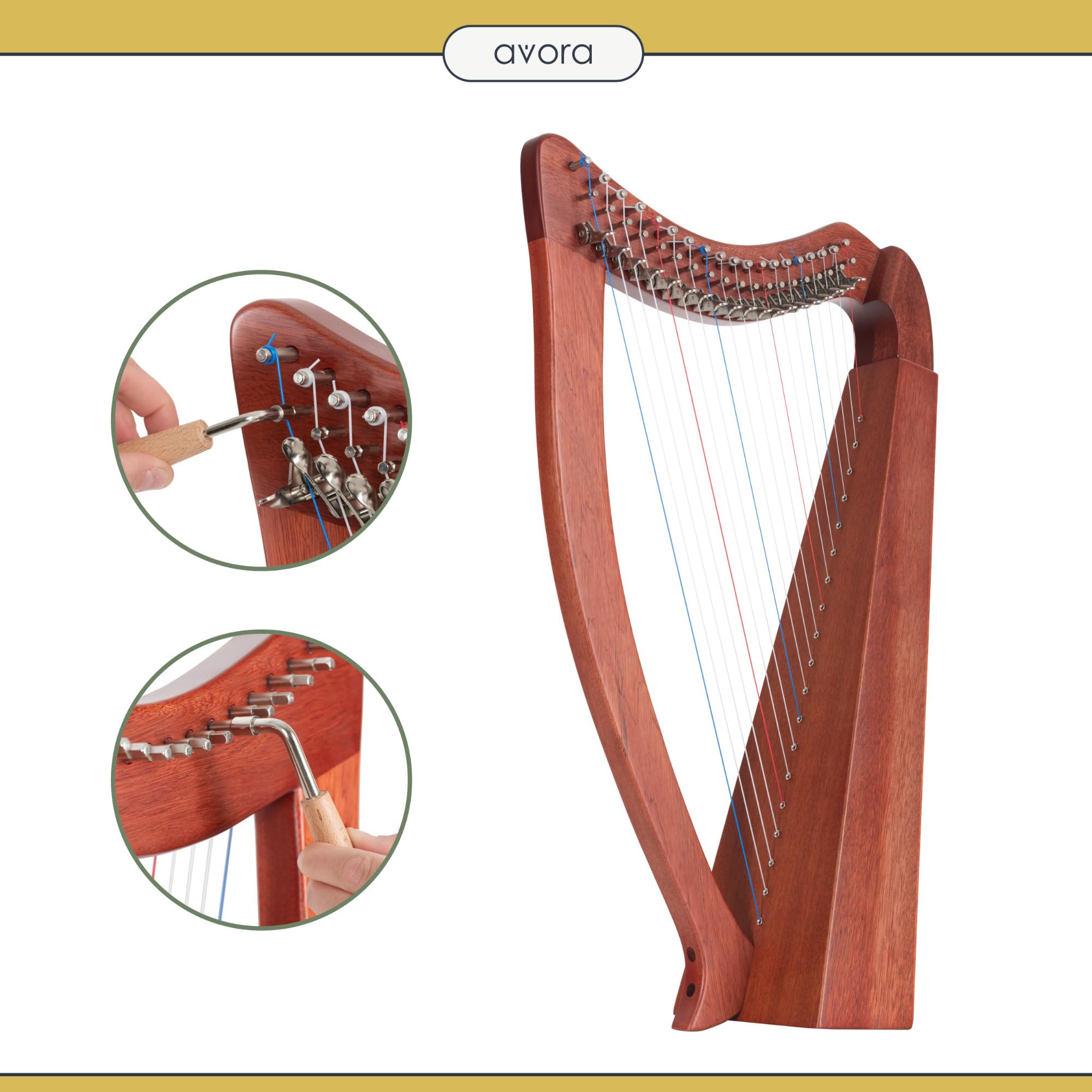 Harpe Celtique 19 cordes acajou artisanale diatonique Mi bémol majeur avec housse clés d'accordage accordeurs fins mécanisme à crochets légère compacte