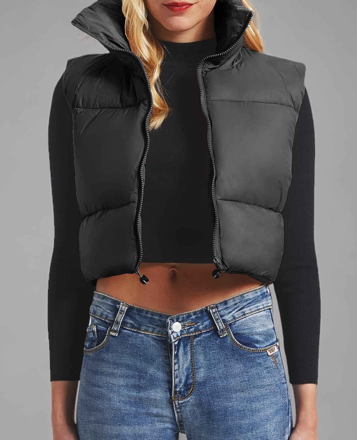 CULACCINO Women's Winter Cropped Puffer Vest Crop Jackets For Women Full Zip Stand Collar Padded Lightweight Outwear Vest - Image 8