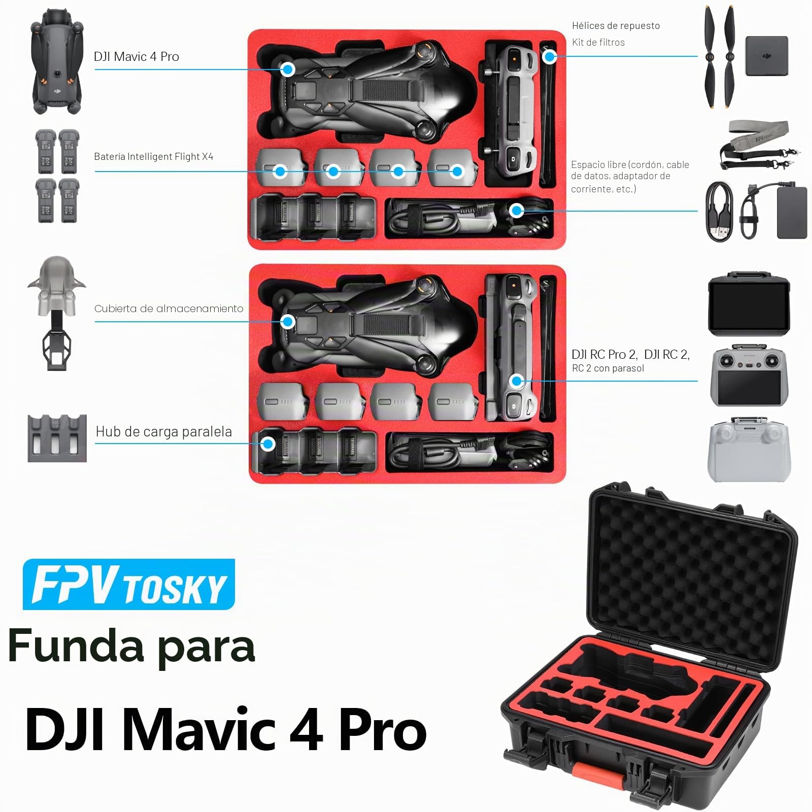 FPVtosky Mavic 4 Pro Funda，Funda rígida Impermeable para dji Mavic 4 Pro Drone, Bolsa de Transporte para dji Mavic 4 Pro Fly More Combo/Creador Combo/Baterías, Hub de Carga Accesorios（Sólo Estuche）