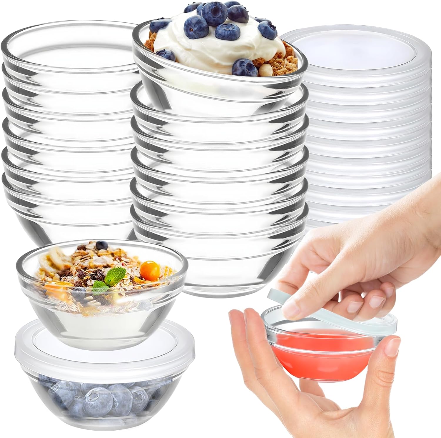 6 Pack Mini 3 Inch Small Glass Bowls with 6 Pack Lids, 2.5 oz Clear Glass Pinch Bowls, Condiment Containers, for Dips, Nuts, Candy, Snacks, Meal Prep Bowls