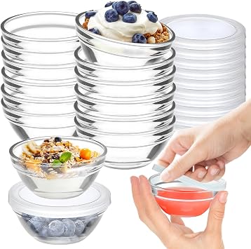 12 Pack Mini 3 Inch Small Glass Bowls with 12 Pack Lids, 2.5 oz Clear Glass Pinch Bowls, Condiment Containers, for Dips, spices, jams, Meal Prep Bowls