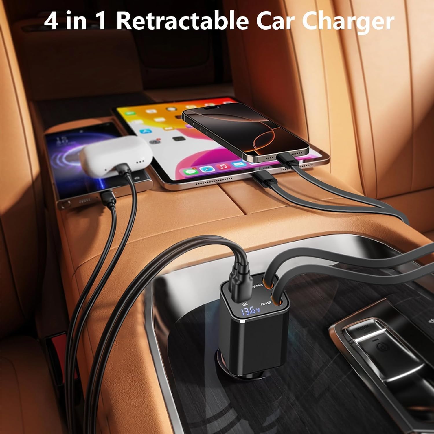 Retractable Car Charger, 120W 4-in-1 USB-C & Lightning Fast Charge Car Phone Charger, Dual Retractable Cable for iPhone 17/16/15/14/13/12 Samsung Travel Essentials Gifts for Women Men