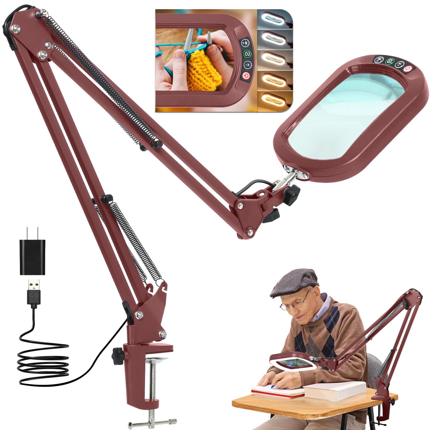 Photo 1 of 14.35" Large Magnifying Glass with Light and Clamp, Real Glass, 5 Color Modes, Stepless Dimmable, Lighted Magnifier with Stand Hands Free, LED Swing Arm Desk Lamp for Close Work, Craft, Red