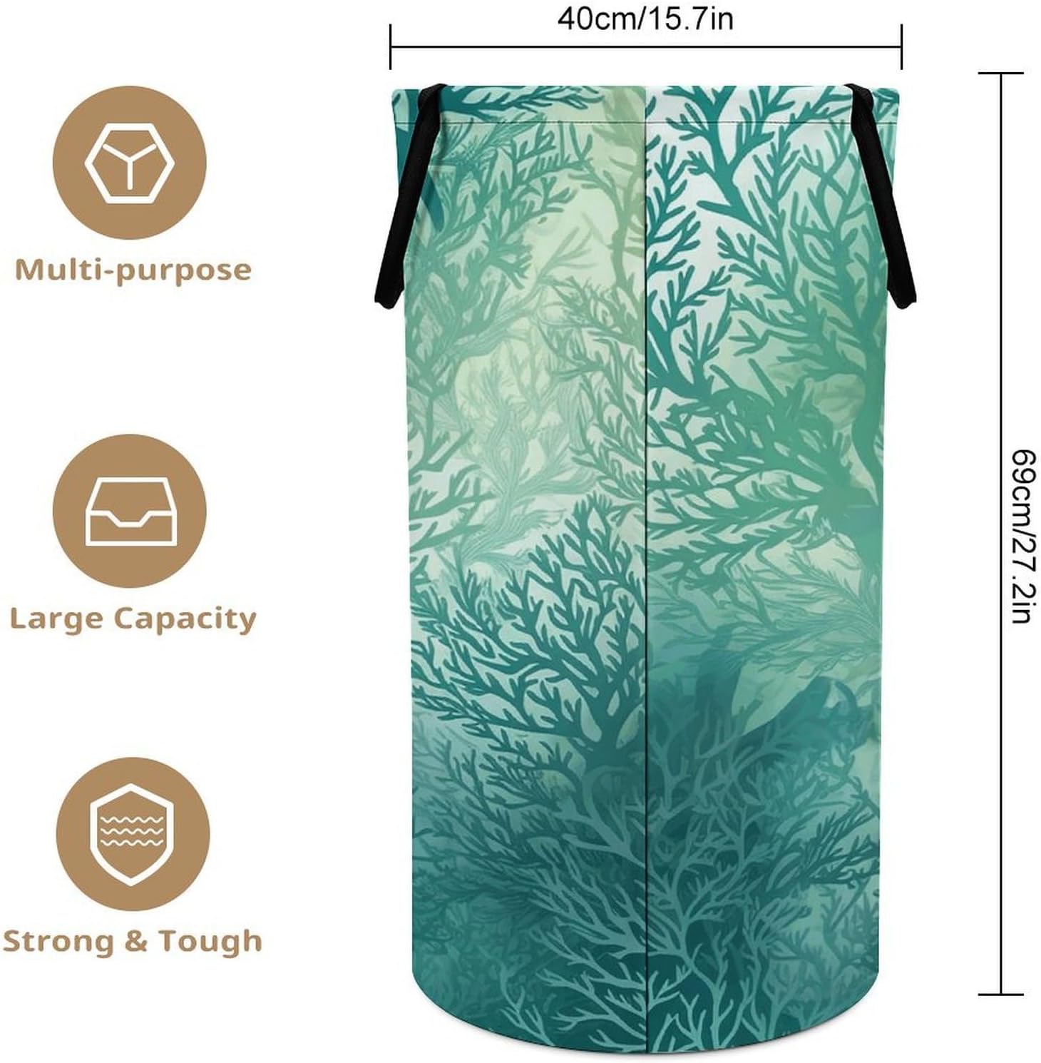 Green Sea Blue Seaweed Laundry Hamper with Handles Waterproof Collapsible Laundry Basket Large Lightweight Round Dirty Clothes Hamper for Home Dorm Bathroom Decor